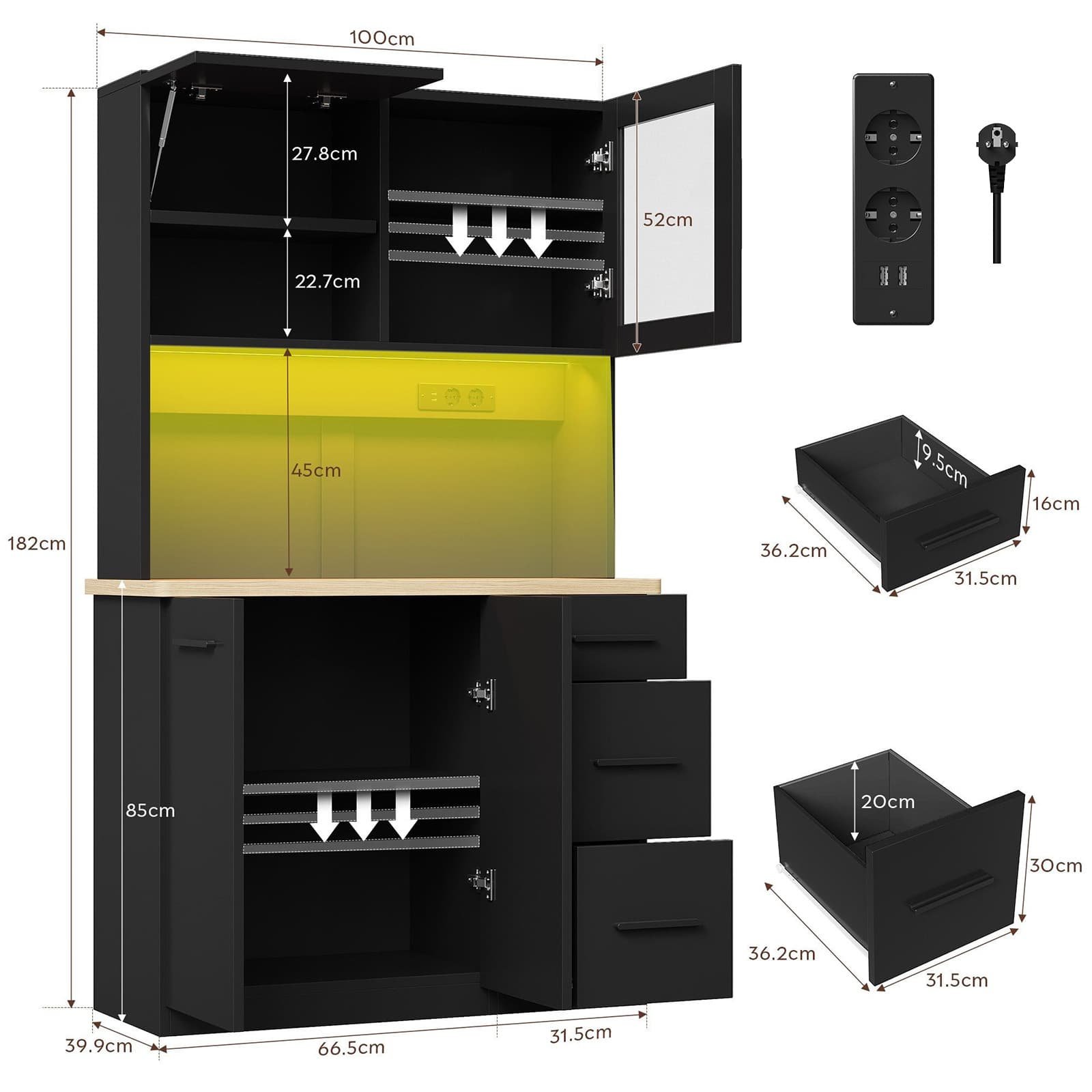 Black LED Kitchen Pantry Cabinet with Hutch, Drawer & Outlets - dimensions