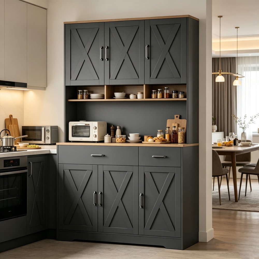 Farmhouse 71 Inch Kitchen Pantry Cabinet with Charging Station and 6 Doors