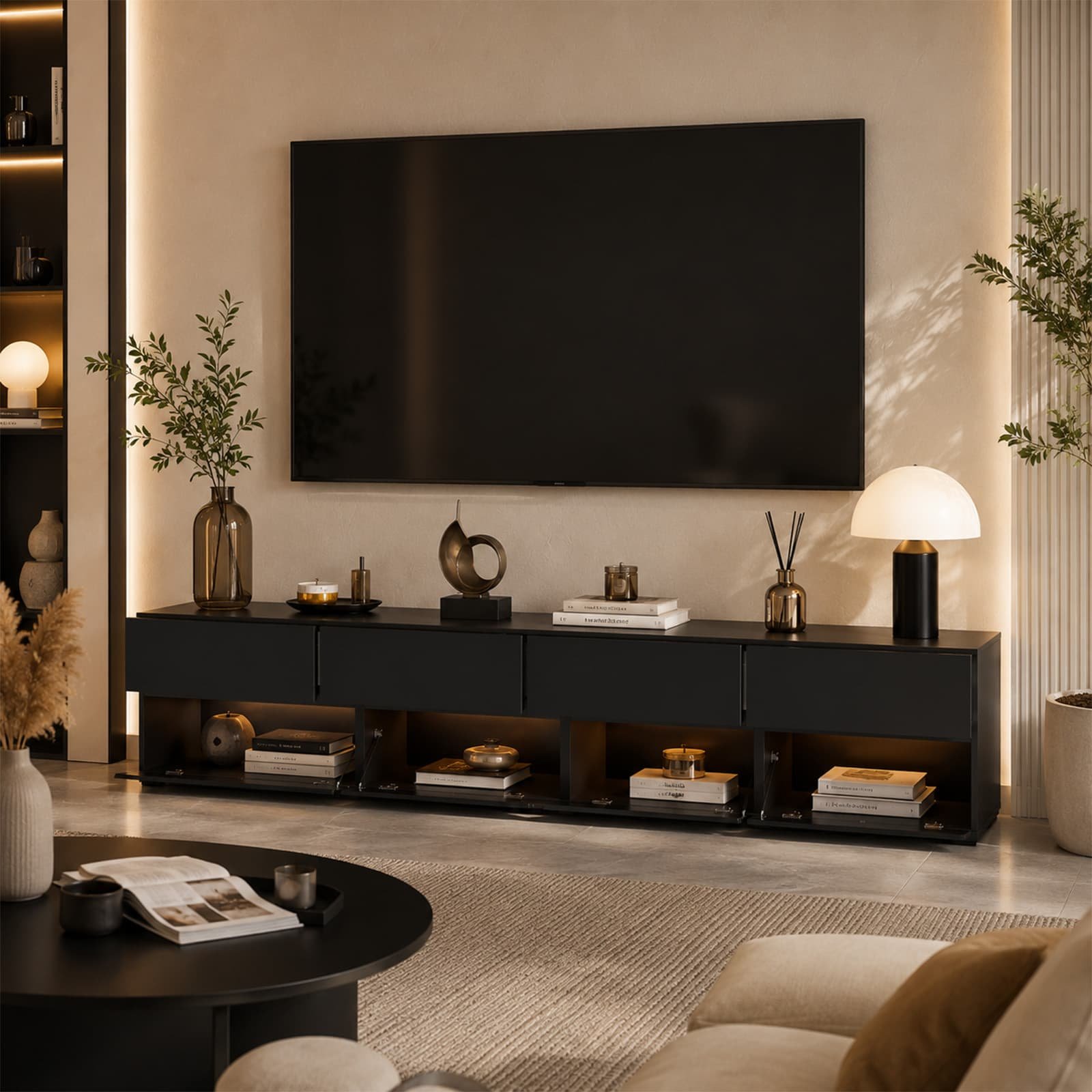 Large Black 88" TV Cabinet with 4 Hinged Doors 4 Drawers for Living Room - front view