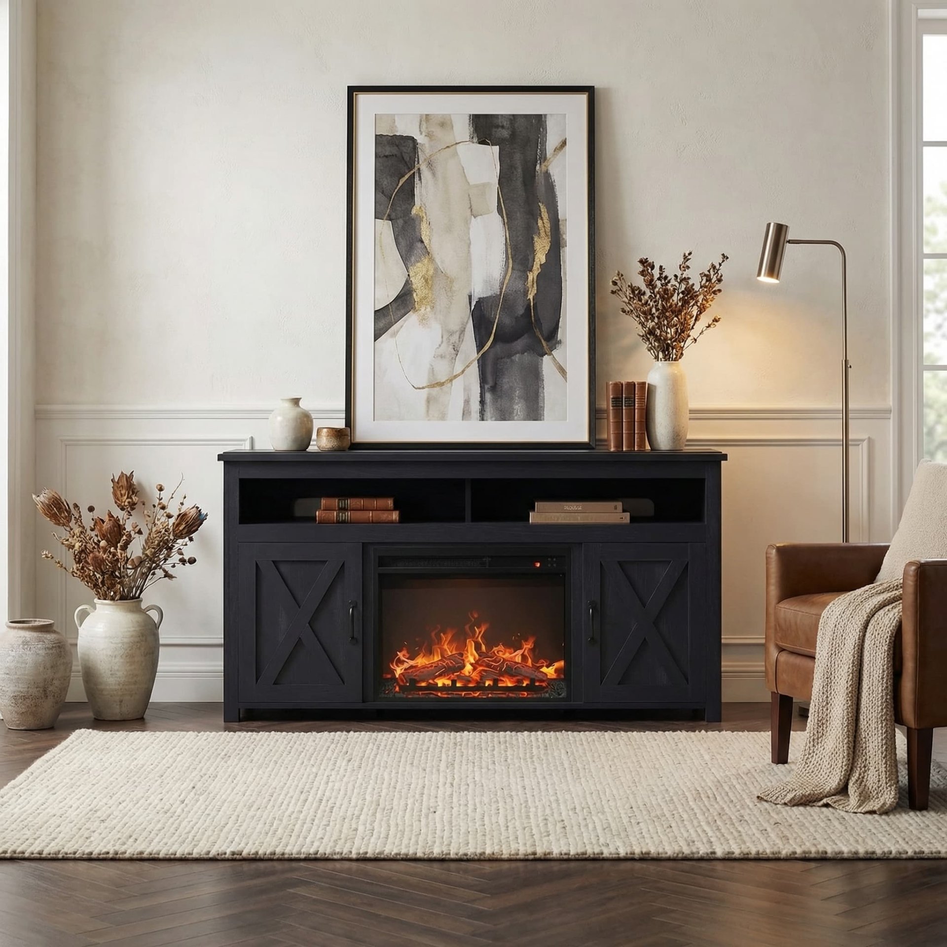 Farmhouse Electric Fireplace TV Stand Cabinet with Barn Door