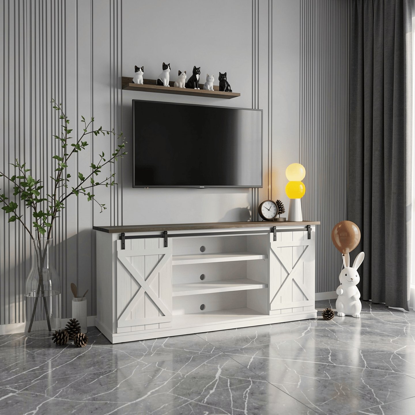 Farmhouse Rectangular Storage TV Stand Console Table with Sliding Barn Doors