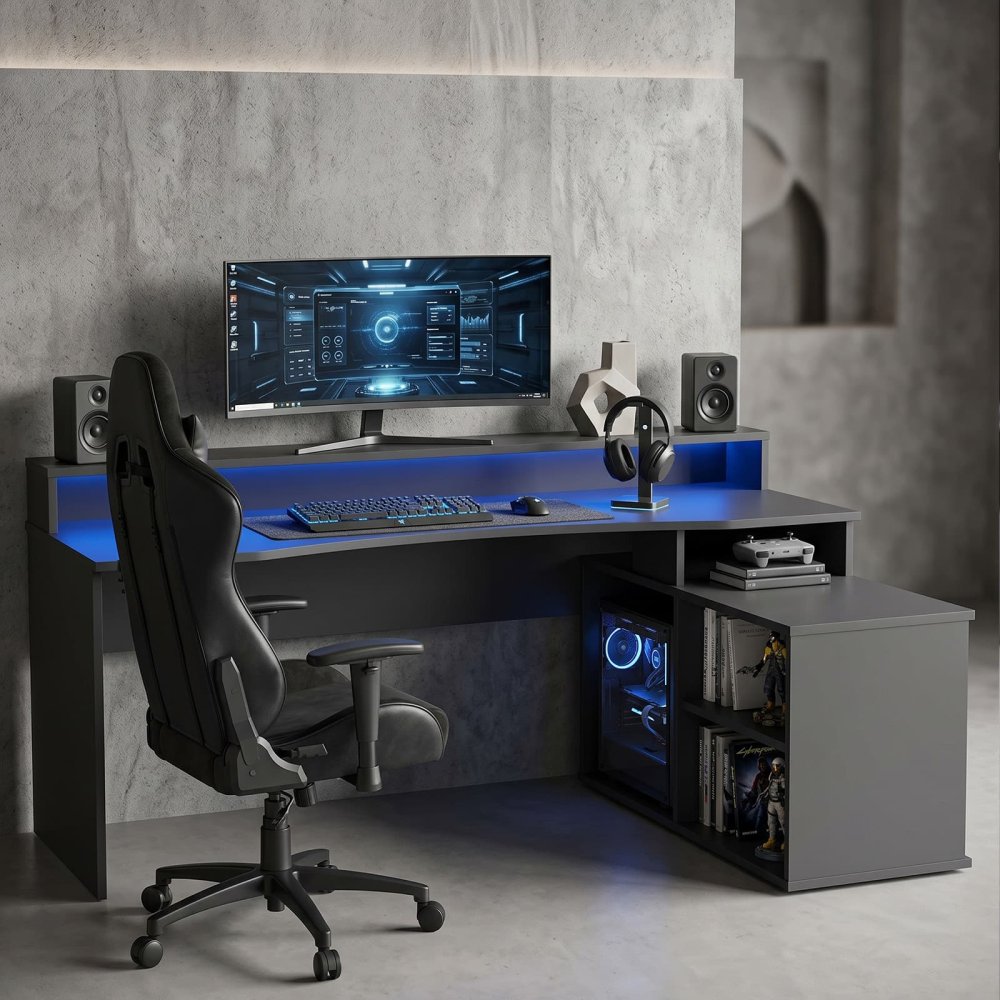 L Shaped Corner Gaming Desk with RGB LED Lights for Workstation