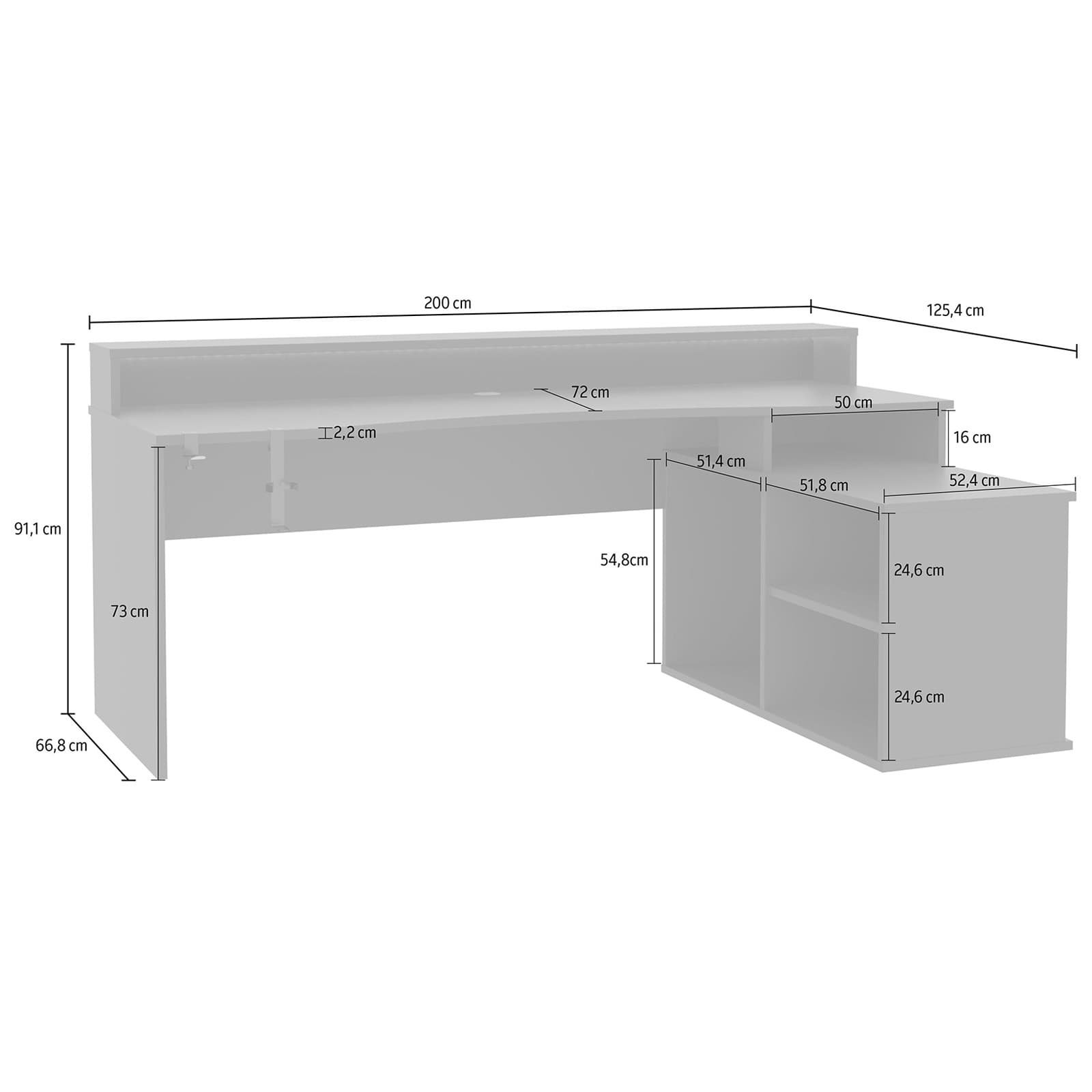 L Shaped Corner Gaming Desk with RGB LED Lights for Workstation - dimensions