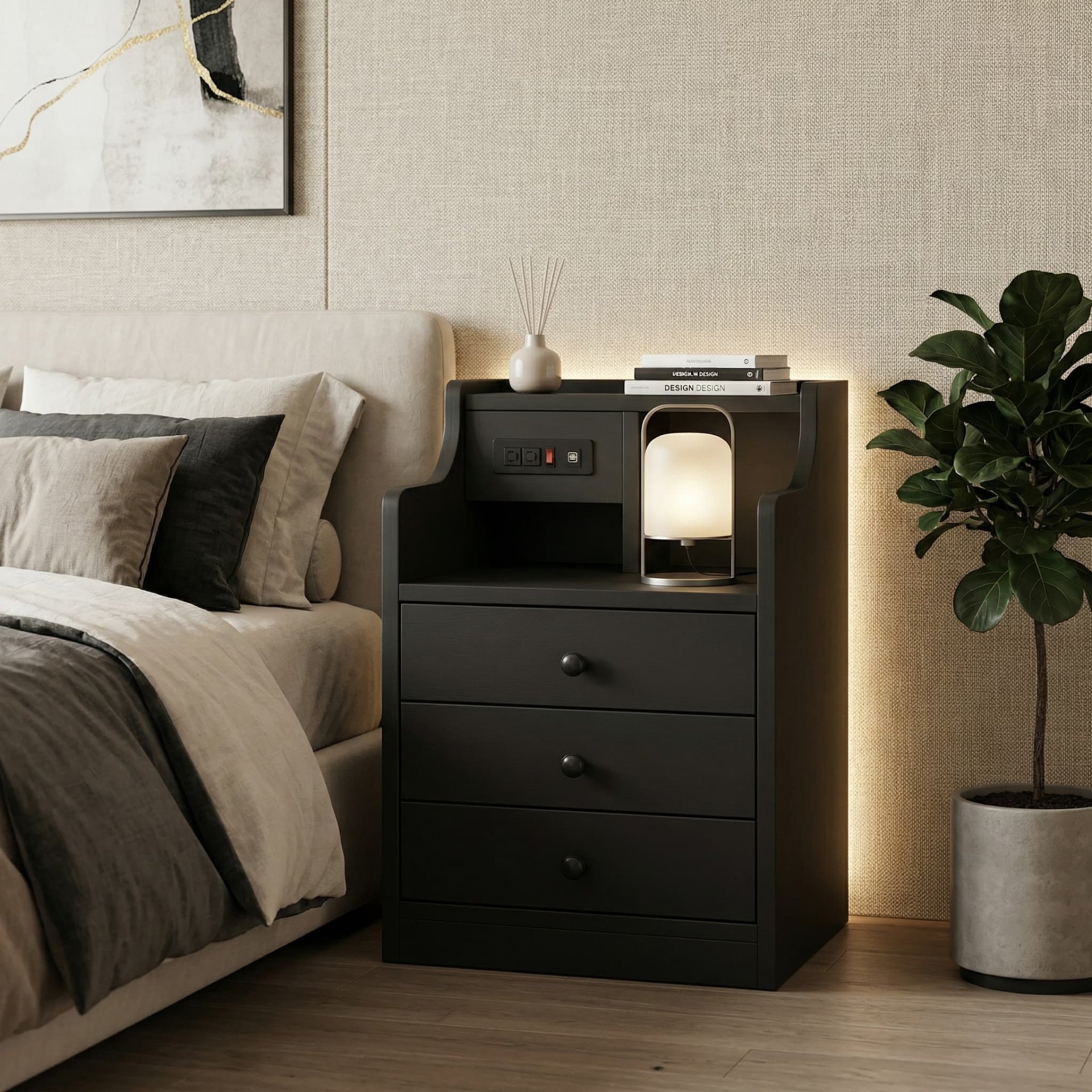 Modern Smart Charging Station Nightstand End Side Tabl with Hutch