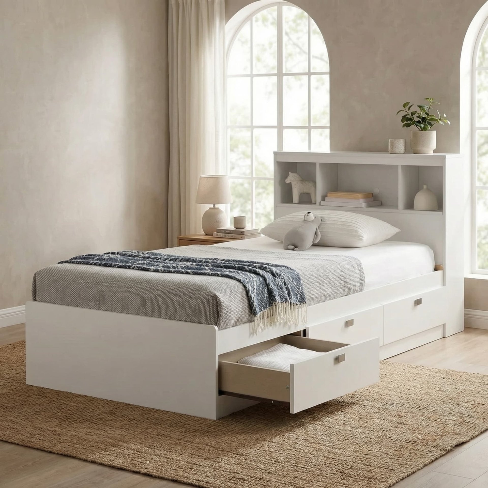 Contemporary Twin Storage Bed With Drawers, Slats and Bookcase Headboard Set