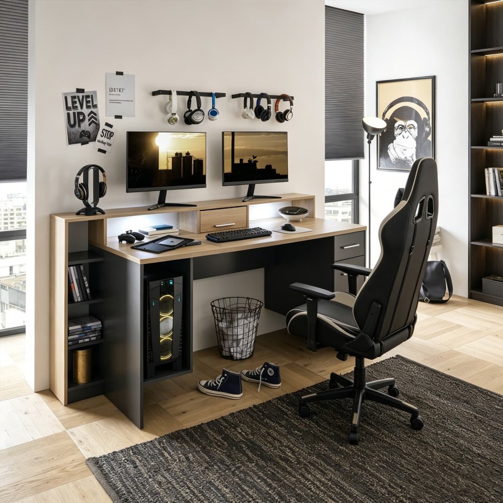 Large Grey Desktop PC Table with Shelves & Drawers