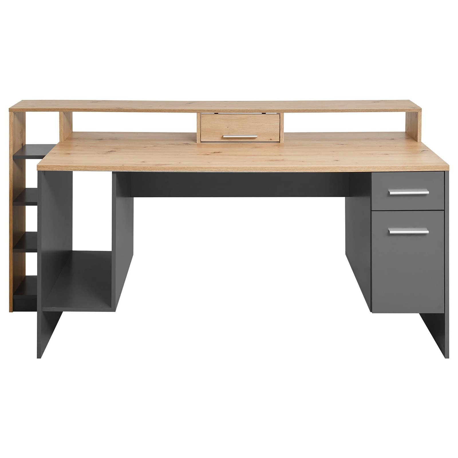 Large Grey Desktop PC Table with Shelves & Drawers - detail