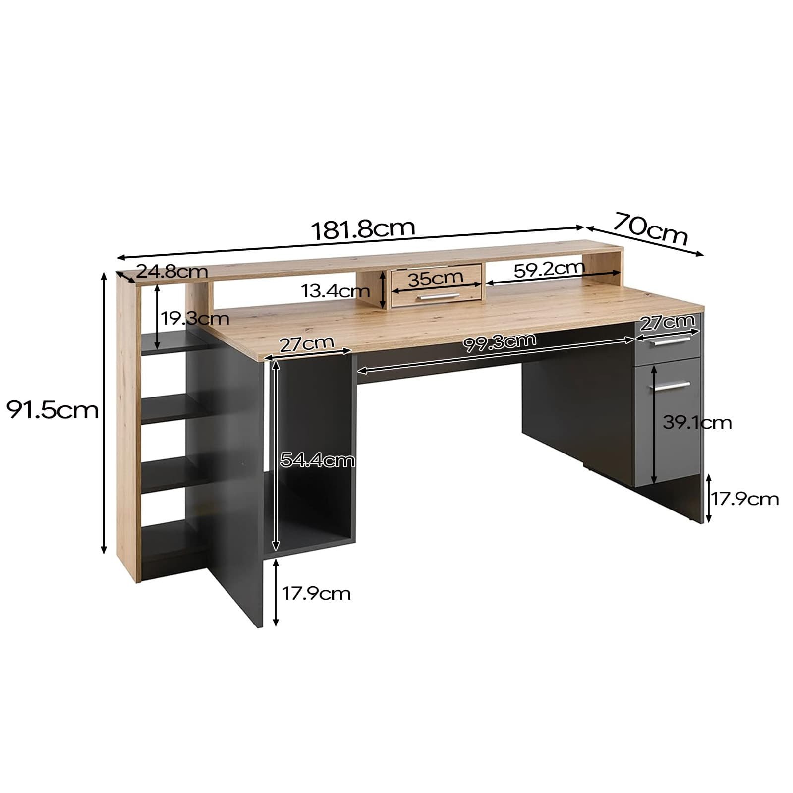 Large Grey Desktop PC Table with Shelves & Drawers - dimensions