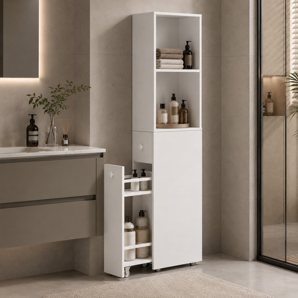 Freestanding Slim Design Bathroom Storage Cabinet with Drawer and Adjustable Shelf