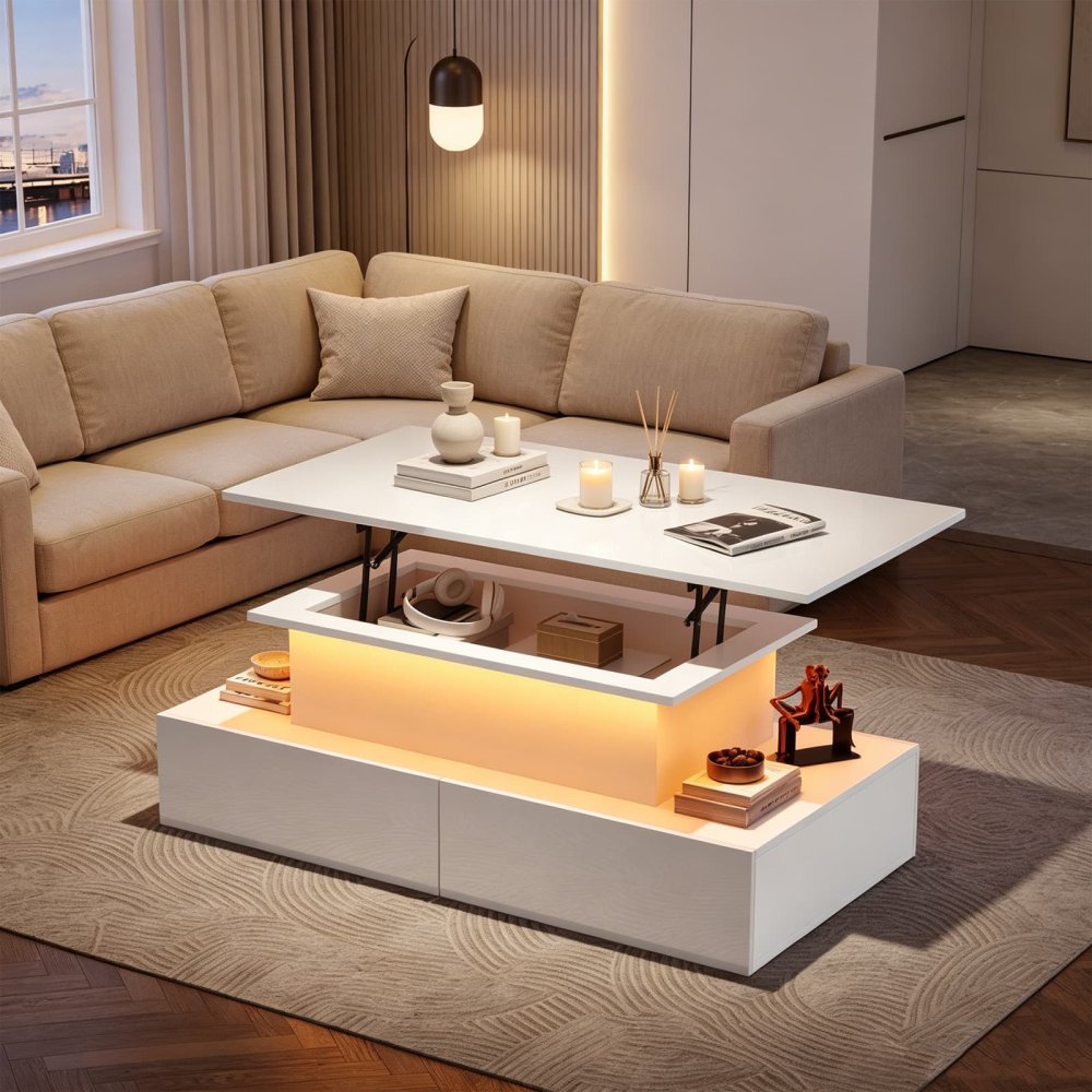 White LED High Gloss Lift Top Tea Table with 4 Drawers