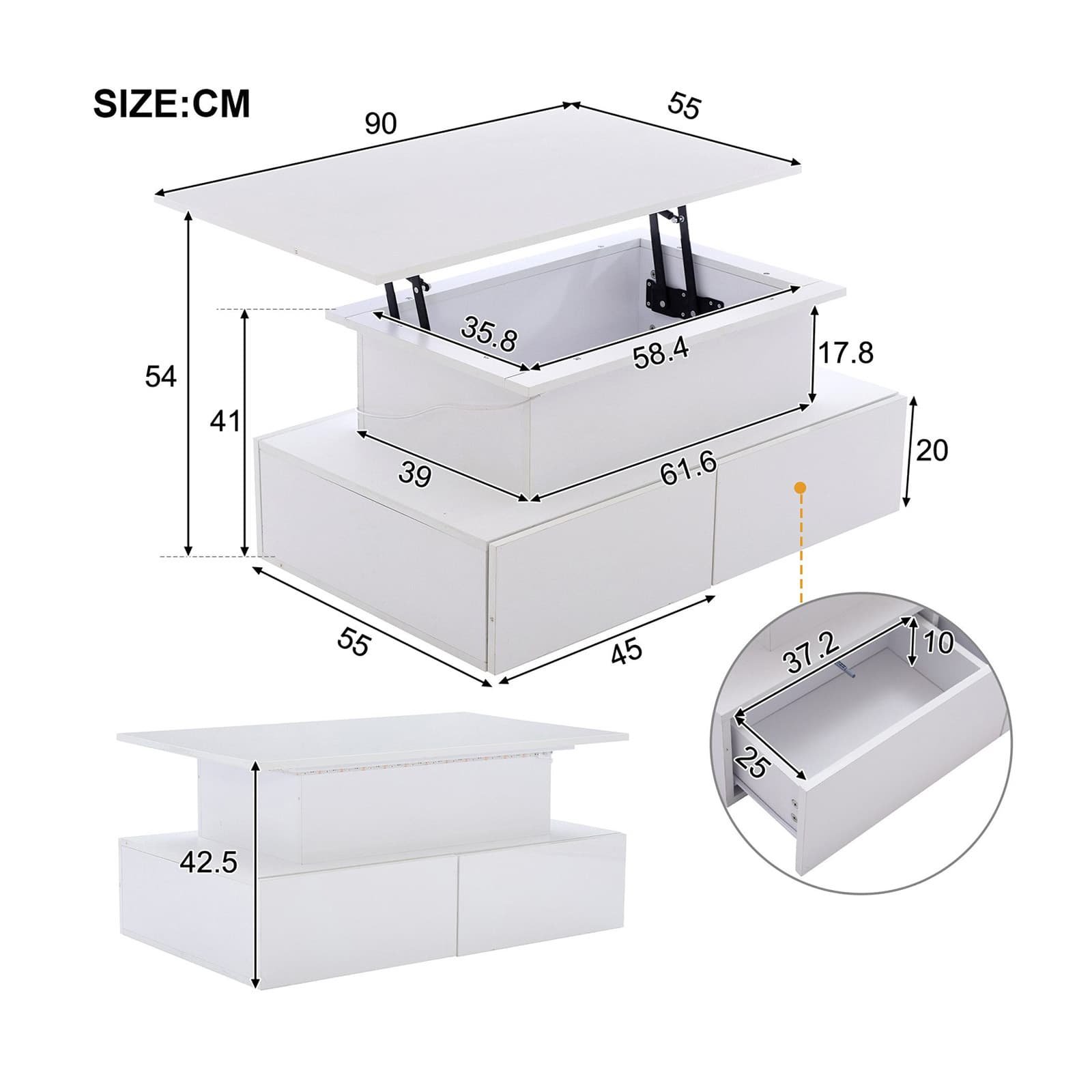 White LED High Gloss Lift Top Tea Table with 4 Drawers