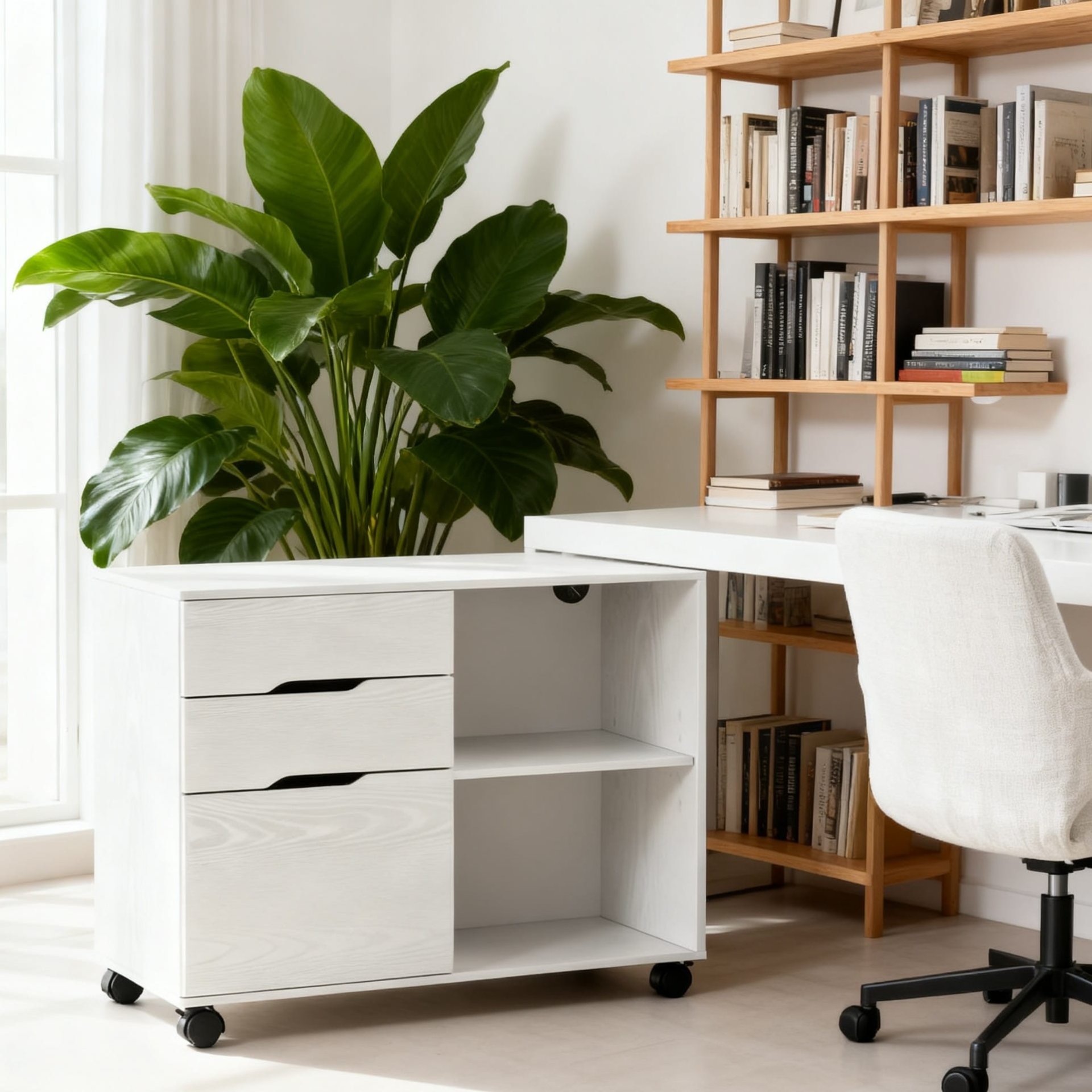 Minimalist Design Solid Color Mobile Wooden Filing Cabinet with Wheels 