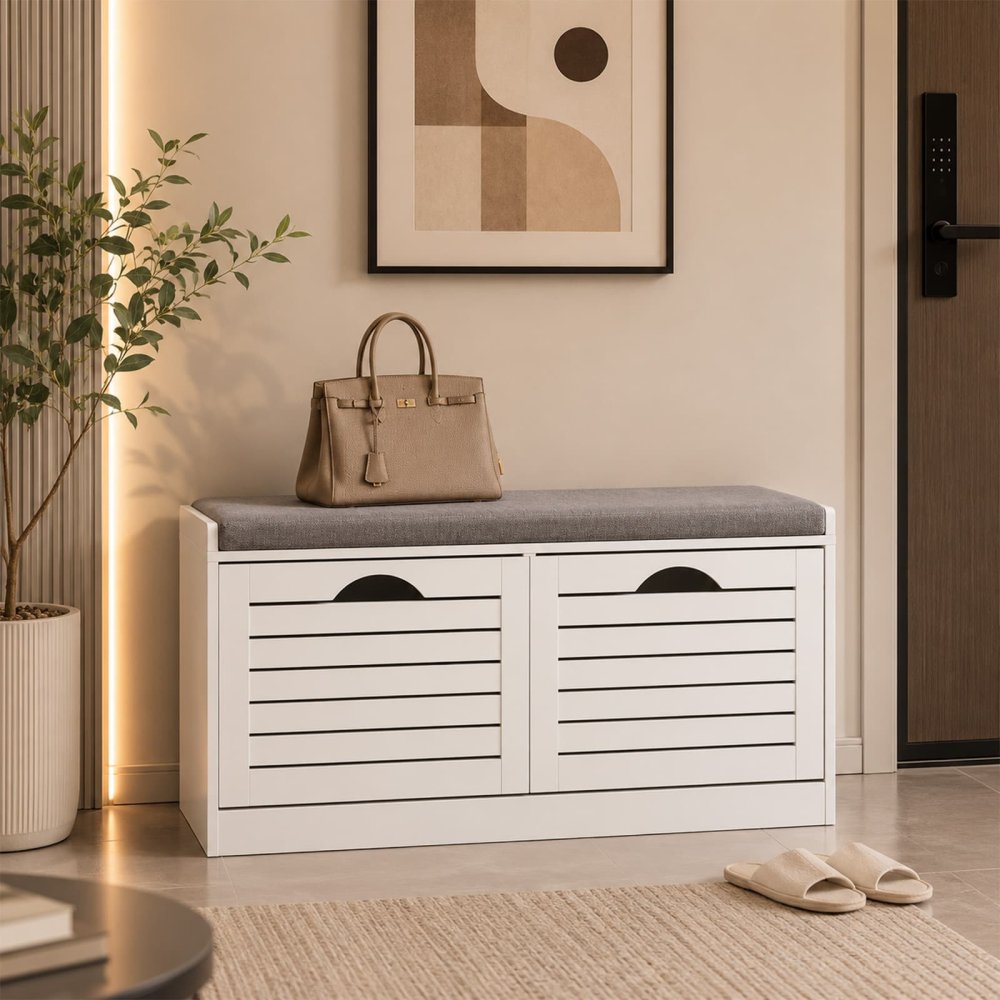 Adjustable 8 Pairs Shoe Storage Bench with 2 Flip Drawers for Hallway