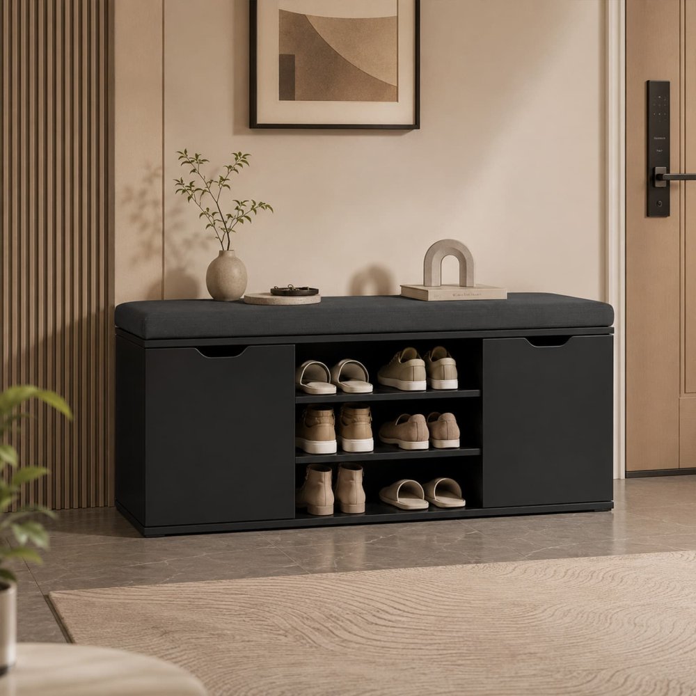 Black Entryway Bench with Shoe Storage with Doors