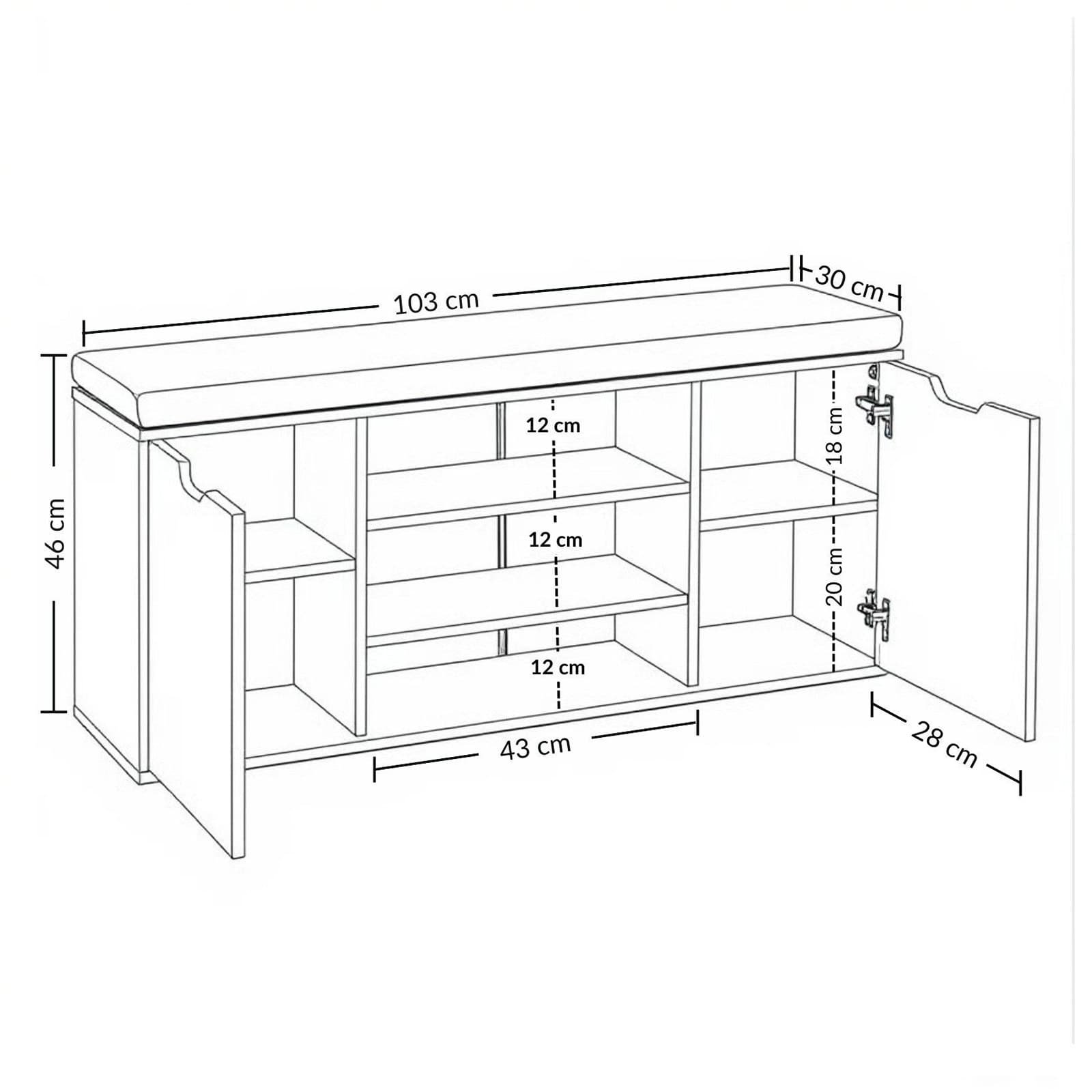 Black Entryway Bench with Shoe Storage with Doors - dimensions