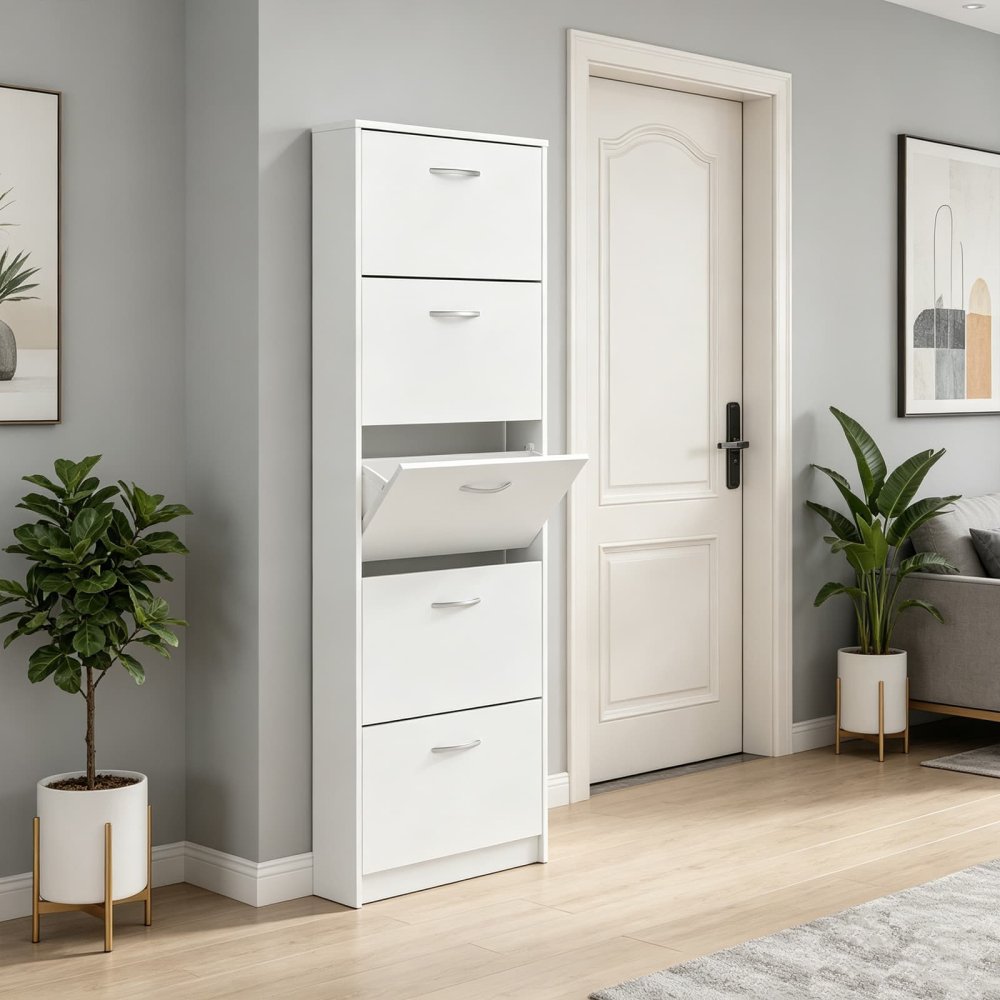 Modern Narrow Hidden Shoe Cabinet with 5 Folding Drawers for Small Spaces