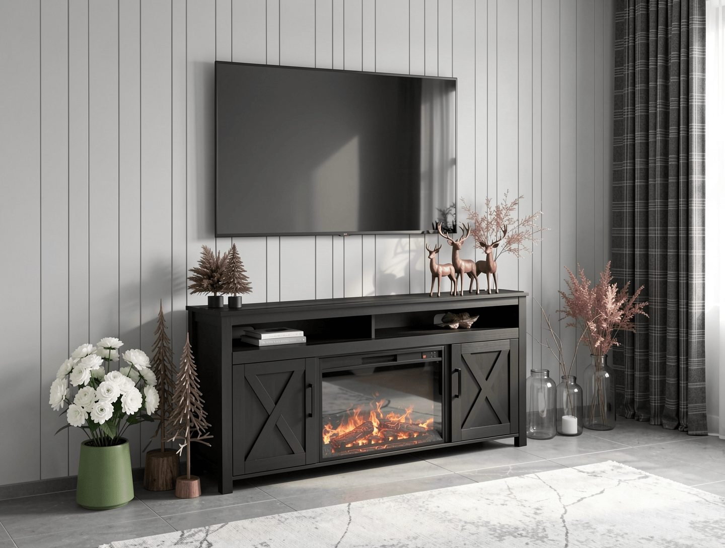 Farmhouse Electric Fireplace TV Stand Cabinet with Barn Door