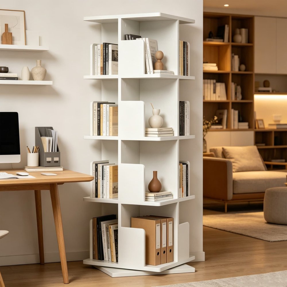 Tall 4-Shelf Rotating Bookshelf 360° Display Rack with Dividers & Anti-falling Baffles
