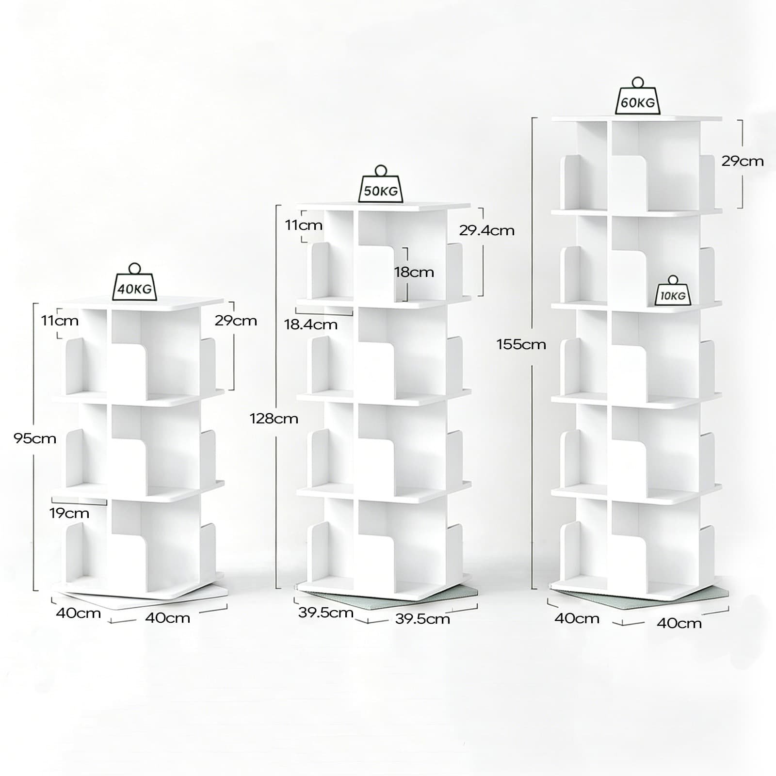 Tall 4-Shelf Rotating Bookshelf 360° Display Rack with Dividers & Anti-falling Baffles - dimensions