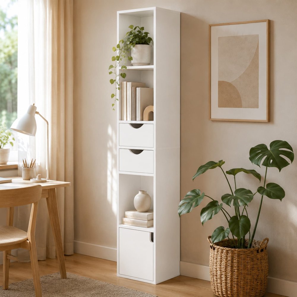Tall Skinny Narrow Bookshelf with Drawers for Small Spaces
