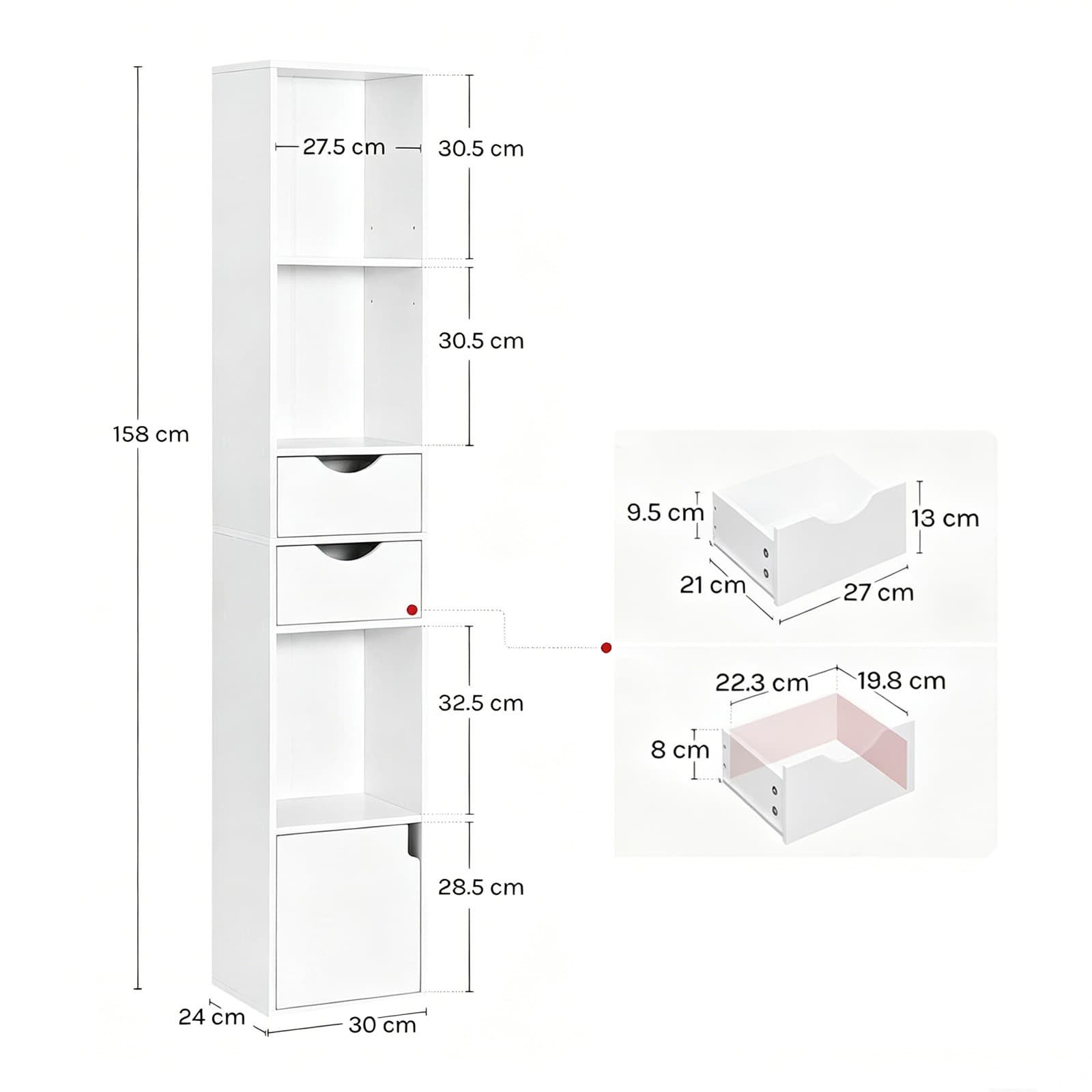 Tall Skinny Narrow Bookshelf with Drawers for Small Spaces - dimensions