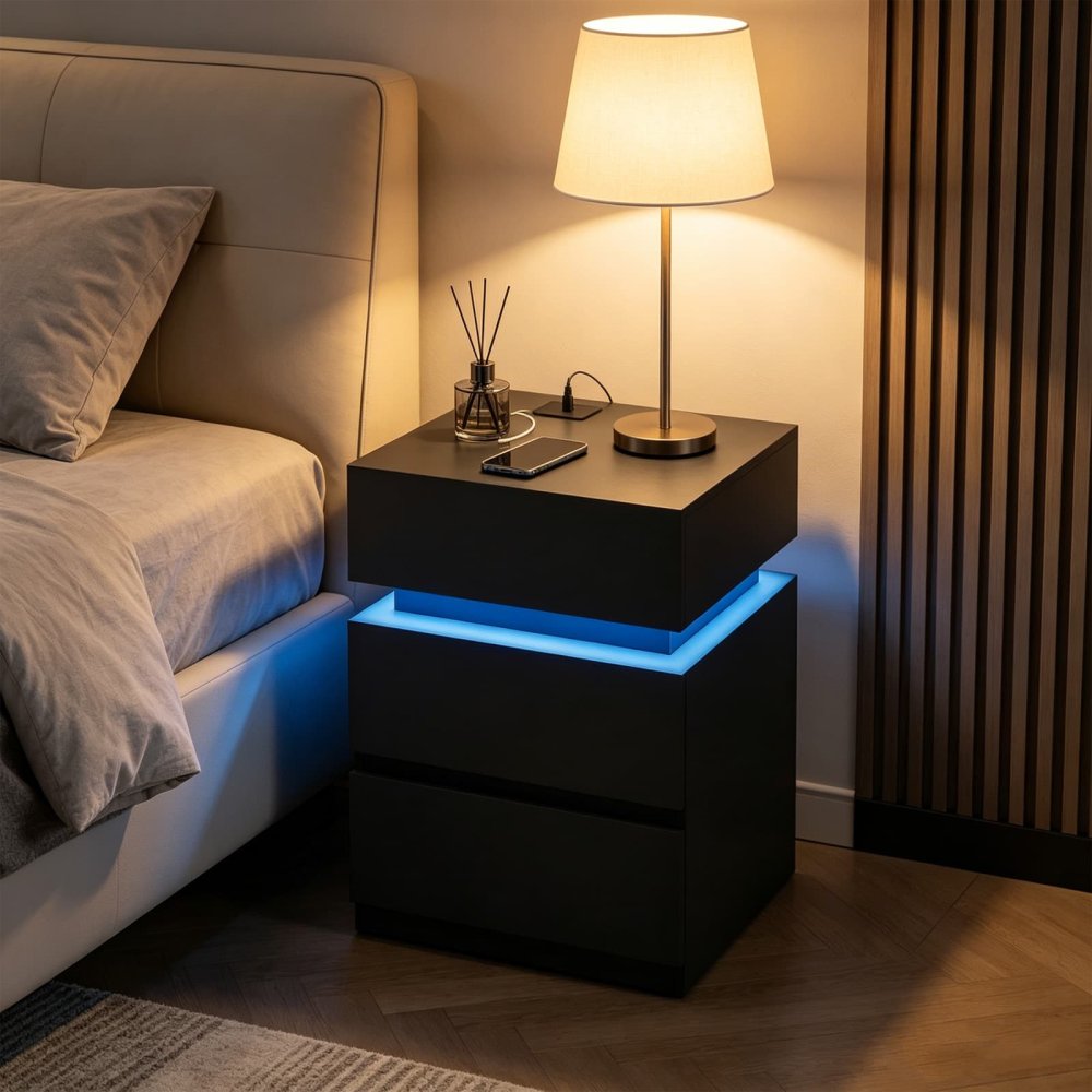 Black Smart LED Bedside Table with Charging Station 2 Drawers