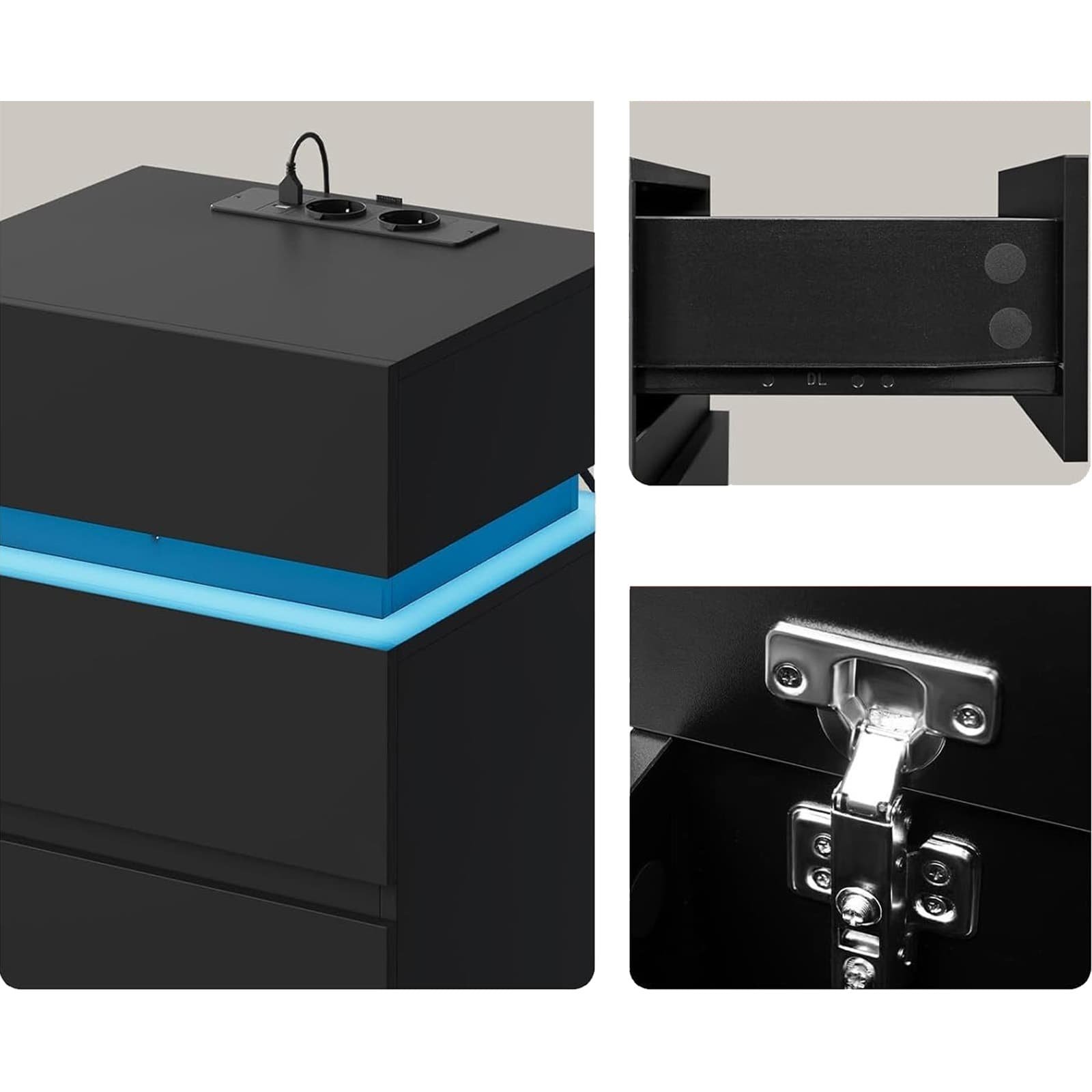 Black Smart LED Bedside Table with Charging Station 2 Drawers - detail