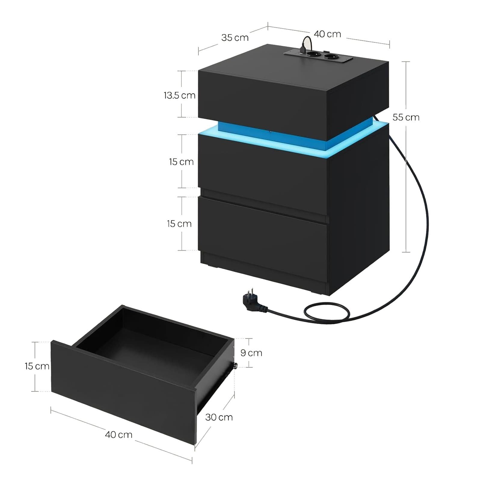 Black Smart LED Bedside Table with Charging Station 2 Drawers - dimensions