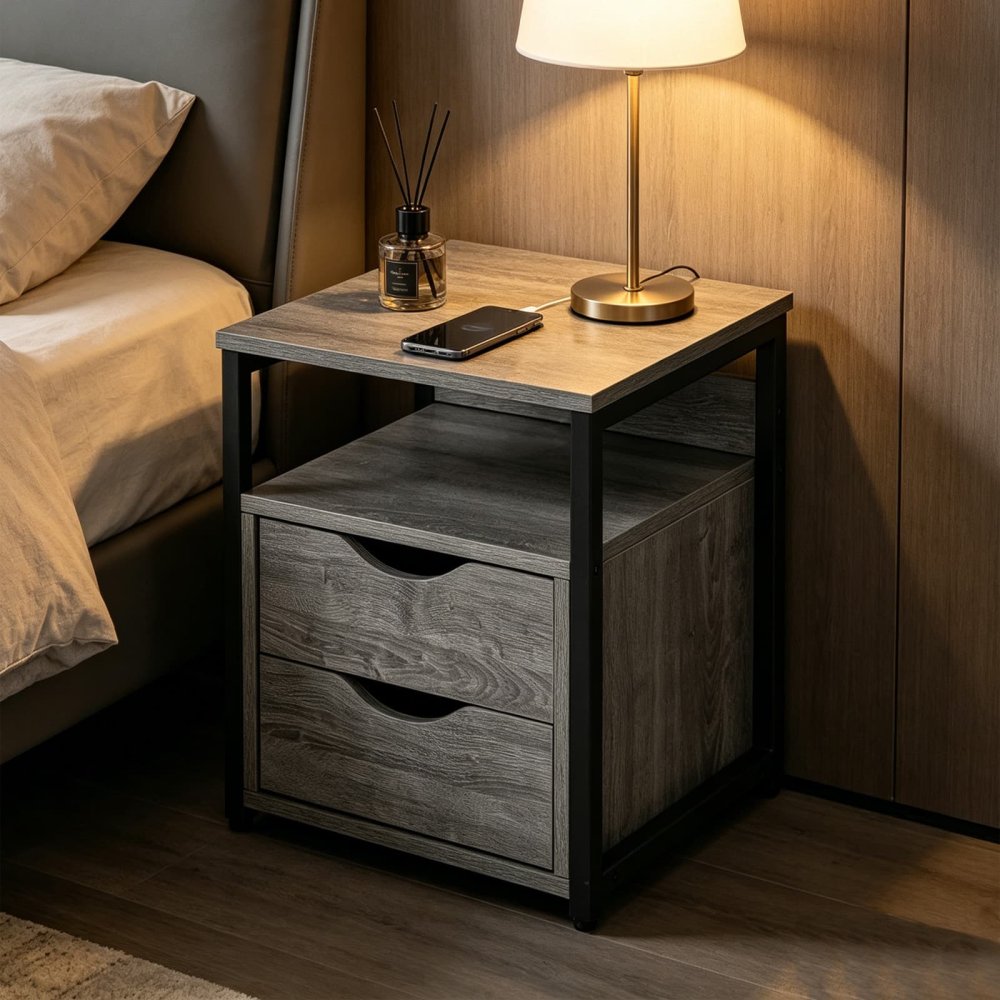 Industrial Accent Table with 2 Drawers and Shelf for Bedroom