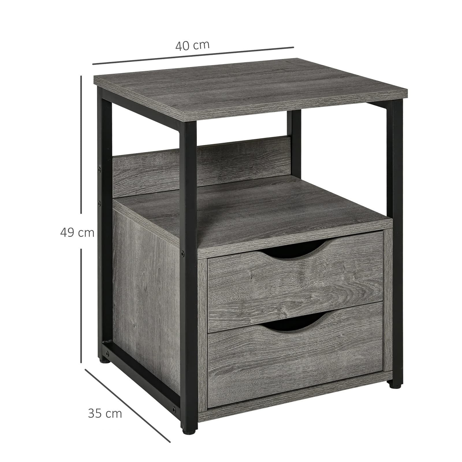 Industrial Accent Table with 2 Drawers and Shelf for Bedroom - dimensions