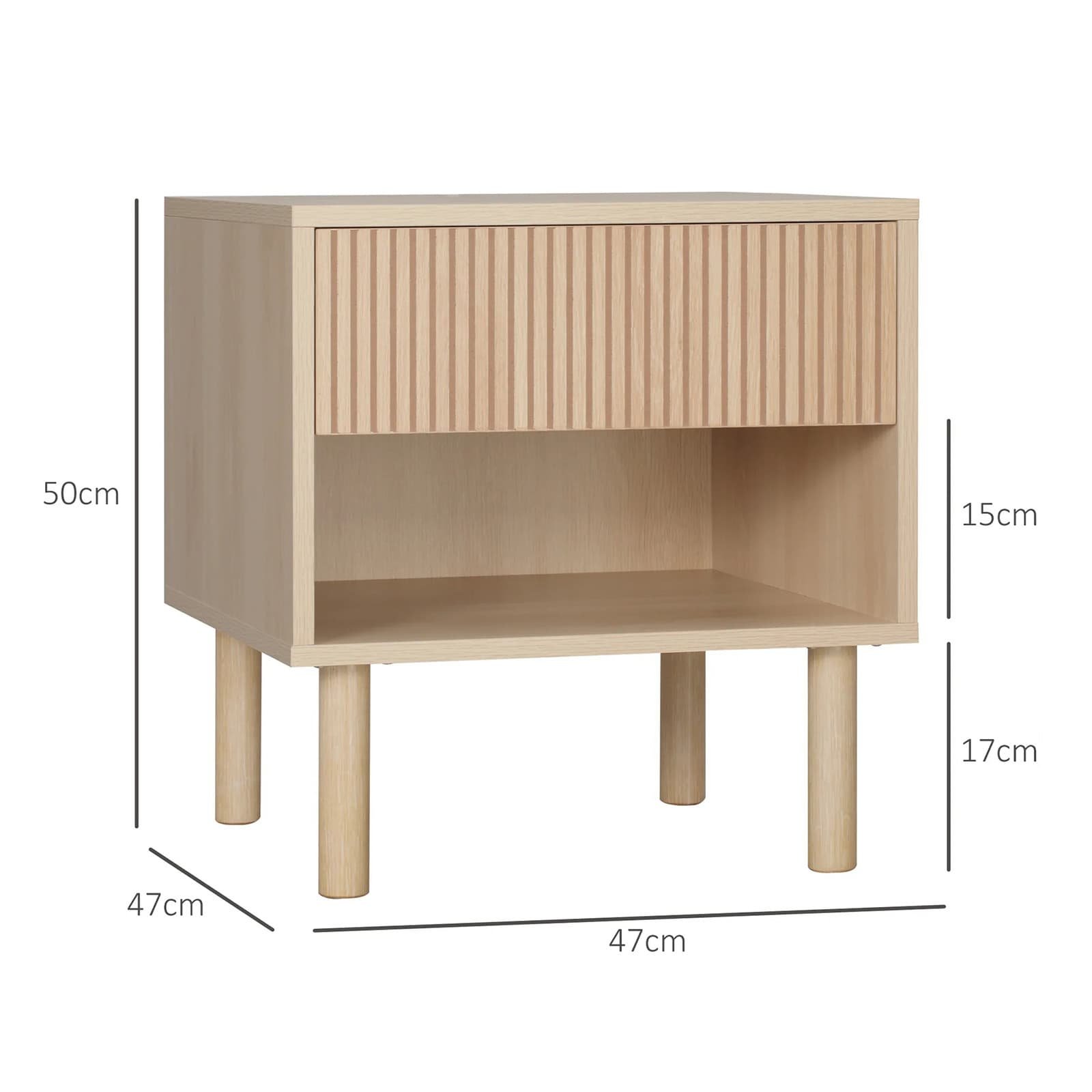 Natural Side Table with Fluted Drawer and Shelf for Bedroom Living Room - dimensions