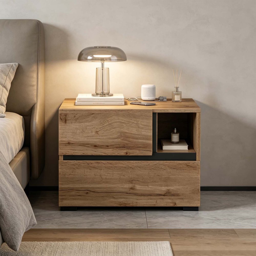 Rustic Wood Bedside Unit with drawers for Hotels