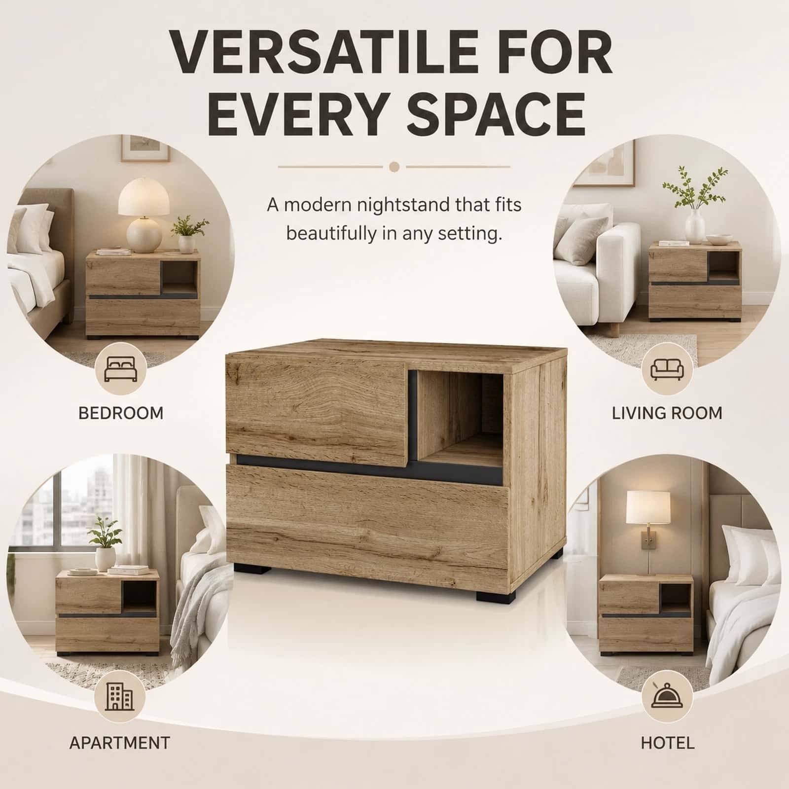Rustic Wood Bedside Unit with drawers for Hotels - detail