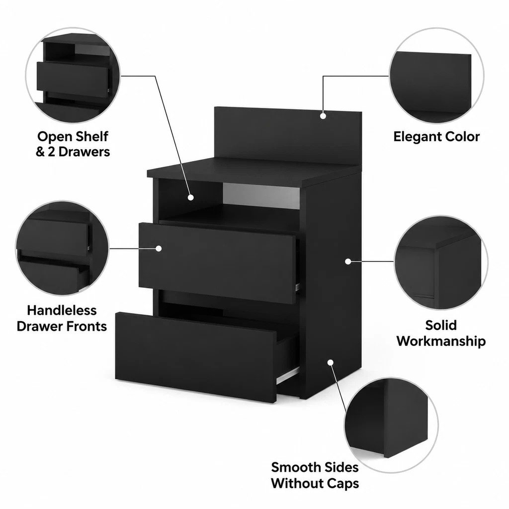 Black Modern Nightstand Set of 2 for Apartment Projects - detail