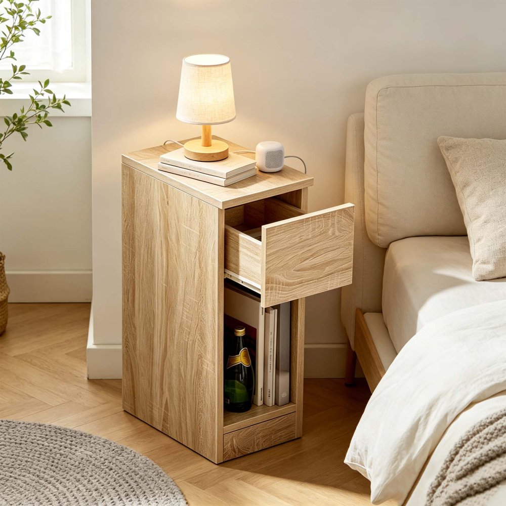 Compact Skinny Nightstand with Open Shelf