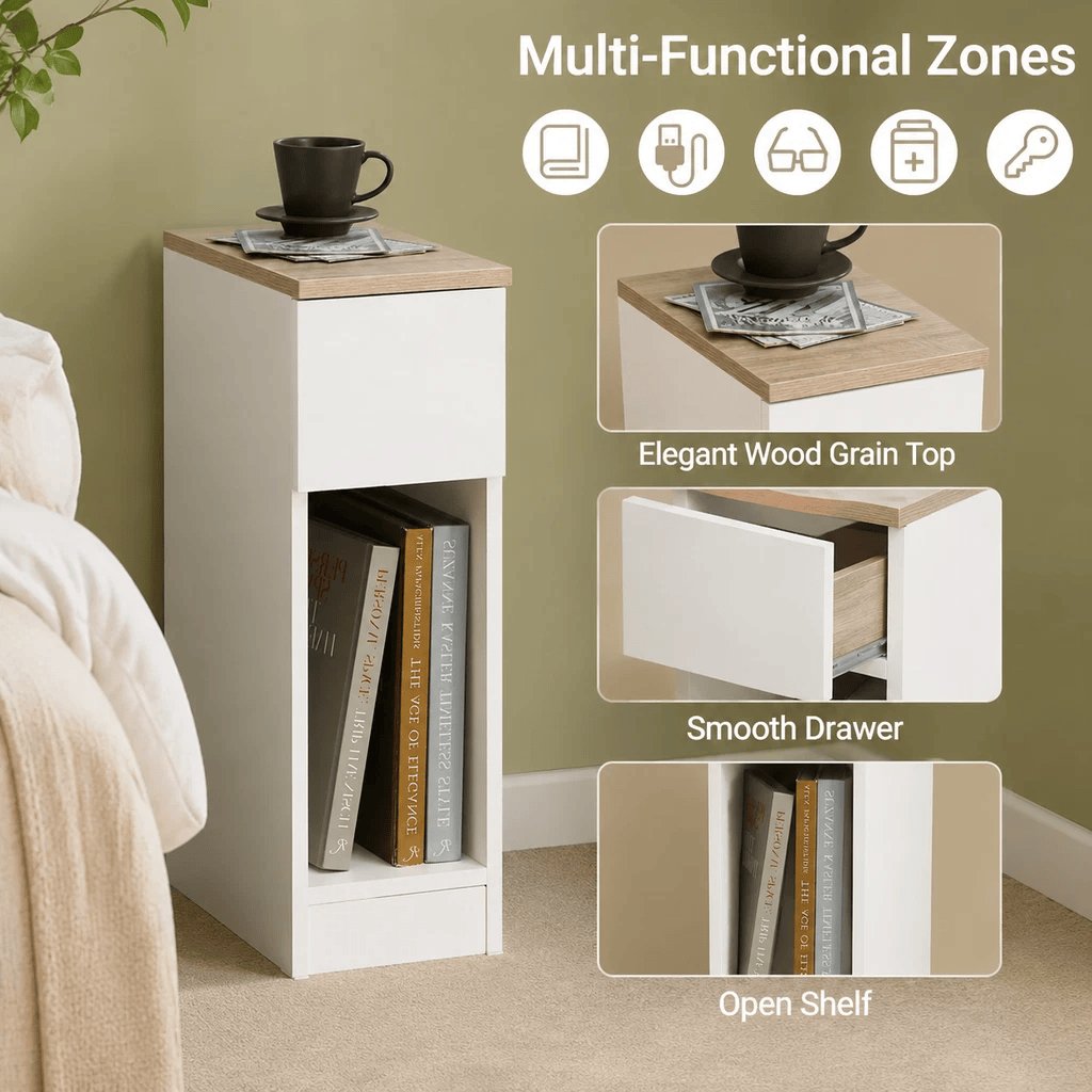 Compact Skinny Nightstand with Open Shelf - detail
