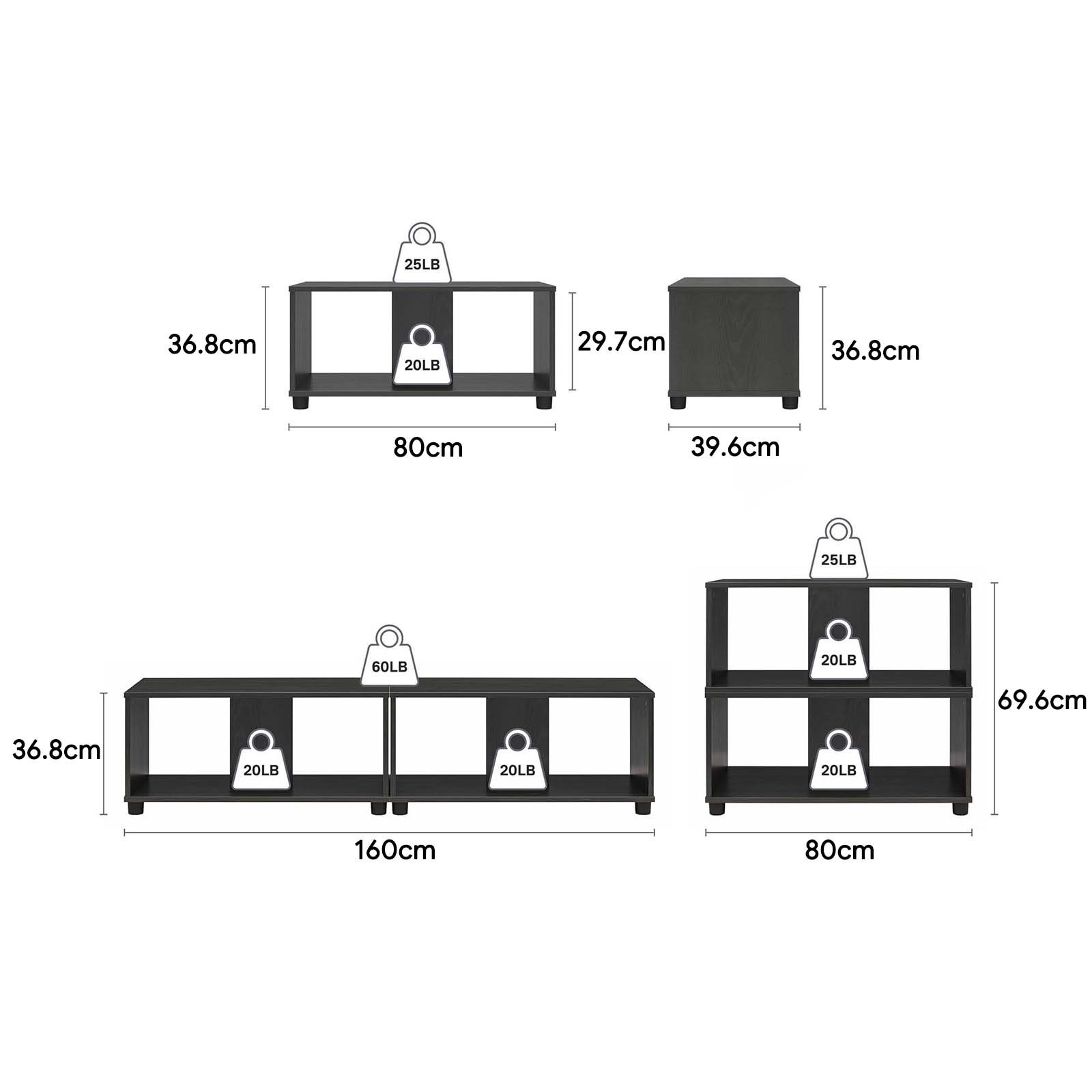 Expandable 70 inch Side by Side or Stacking TV Stand - dimensions