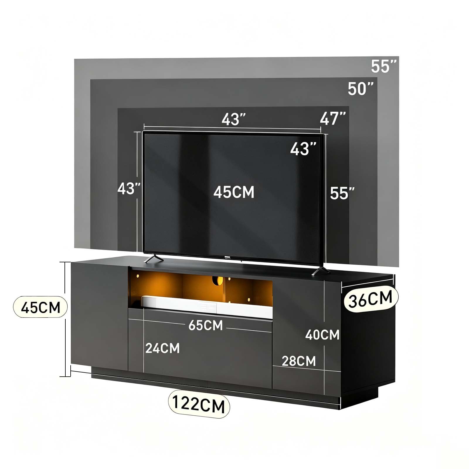 LED TV Stand with Storage Cabinet for 43-55 Inch TVs - dimensions