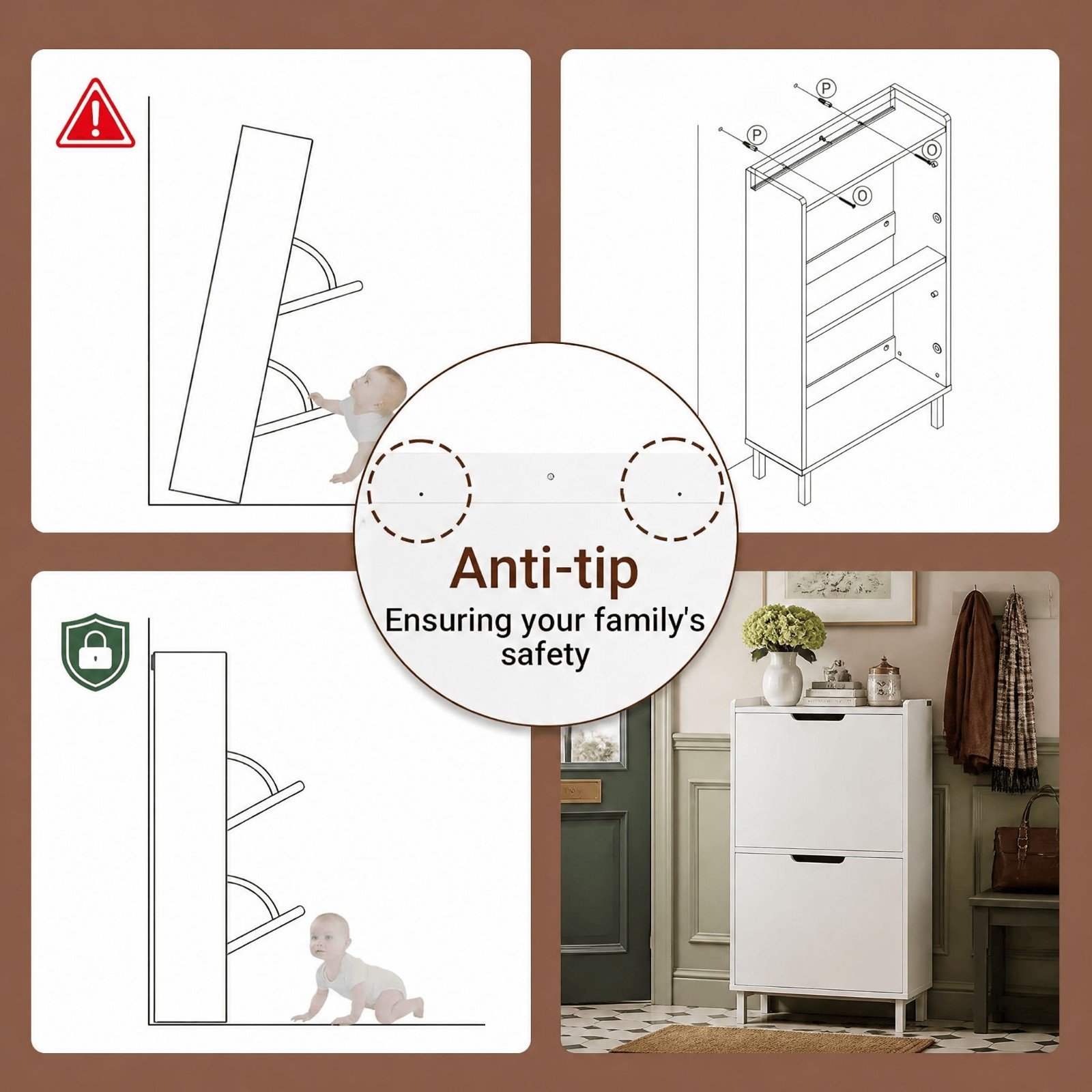 Slim Hidden 2 Flip-Drawers Shoe Storage Cabinet for Entryway - detail