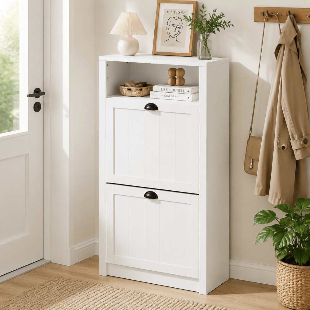 Wood 2 Flip-Drawers Shoe Cupboard with Shelf for Front Entrance