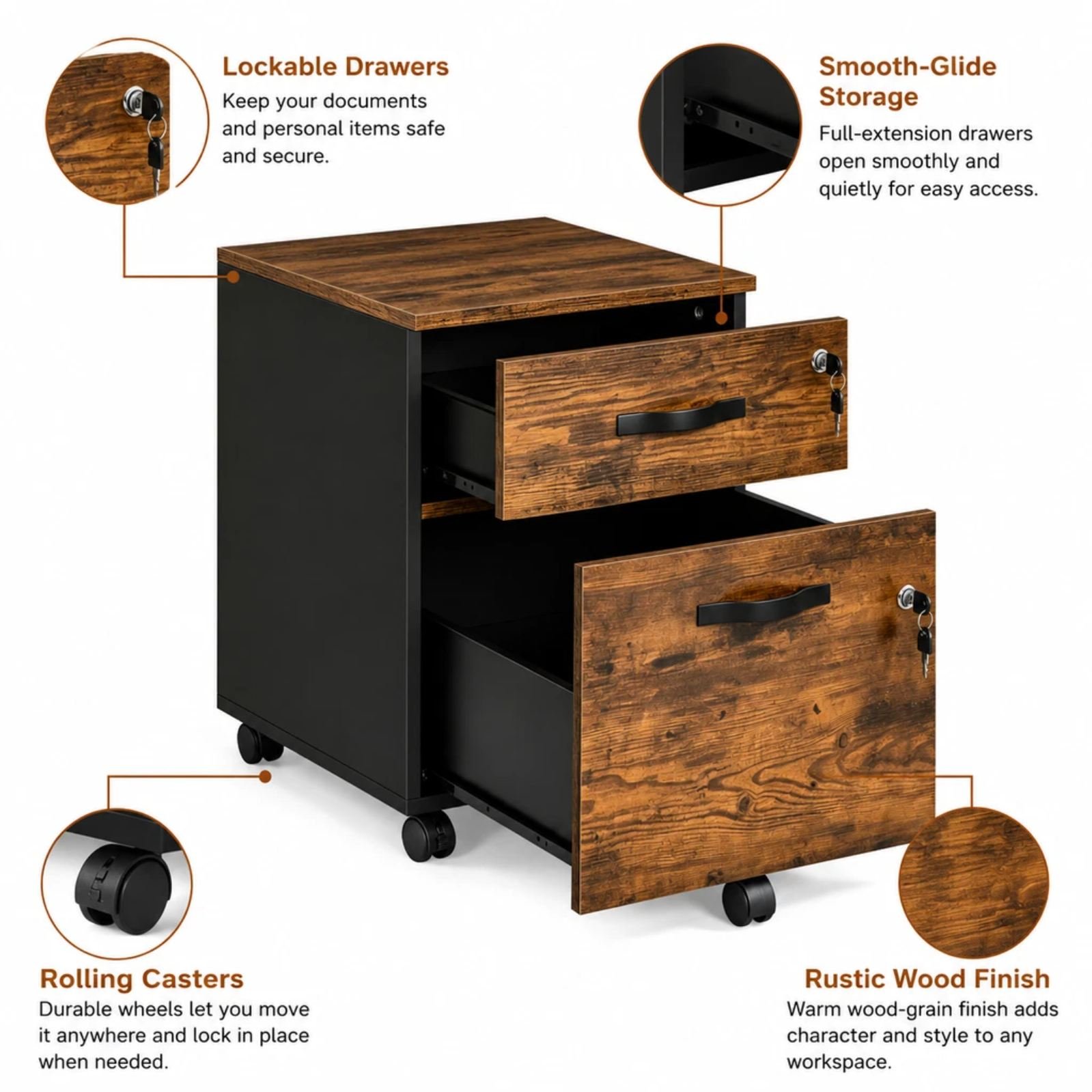 Rustic Mobile File Cabinet with Locks - detail