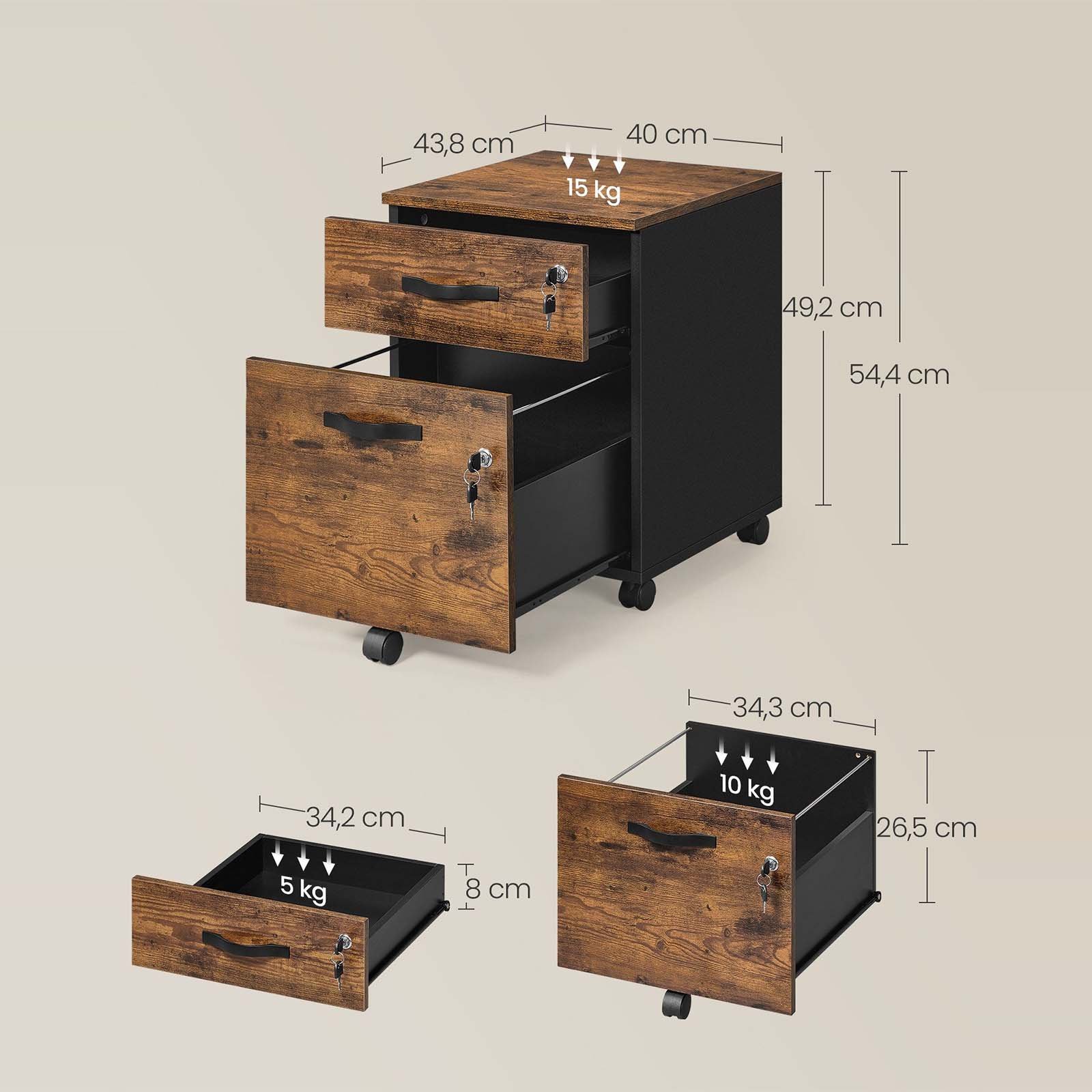 Rustic Mobile File Cabinet with Locks - dimensions