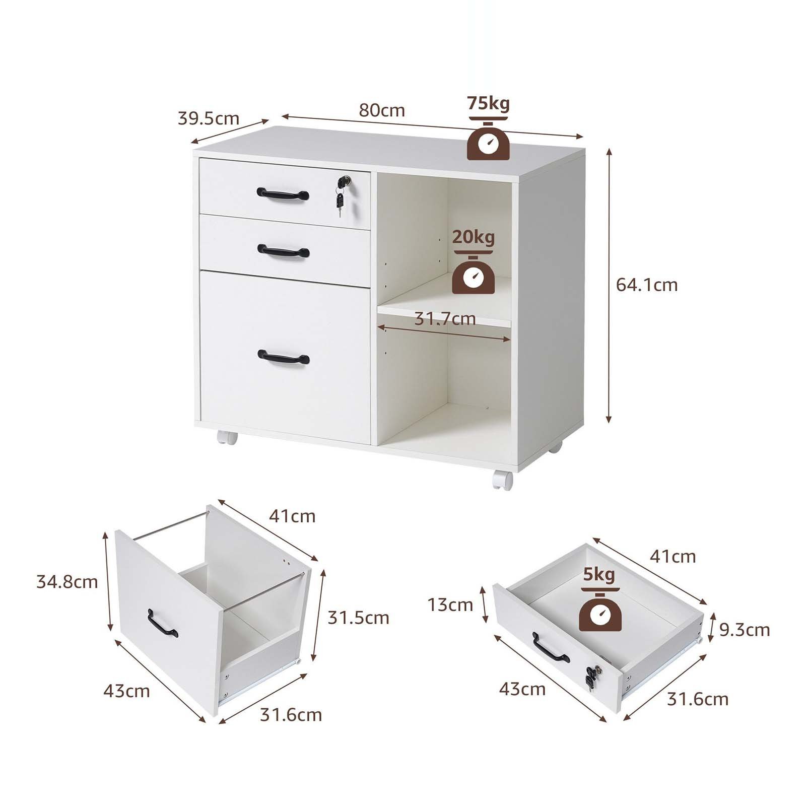 Mobile 3-Drawer Printer Stand on Wheels - dimensions