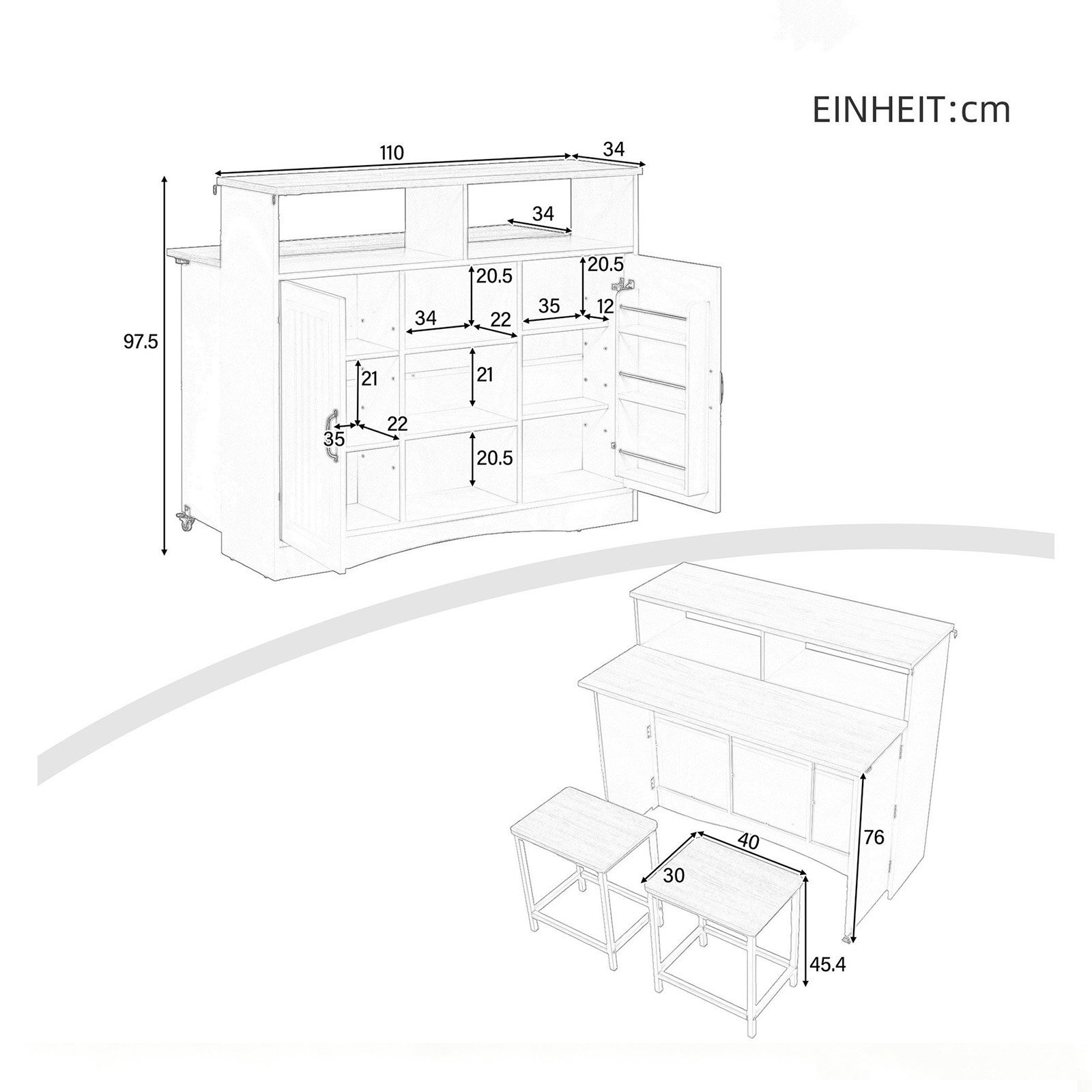 Multifunctional Storage Extendable Top Kitchen Island - dimensions