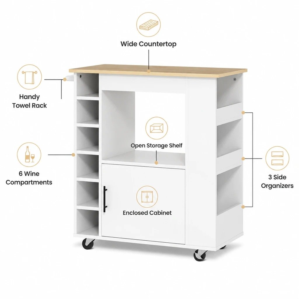 Kitchen Rolling Cart on Wheels with Wine Rack - detail