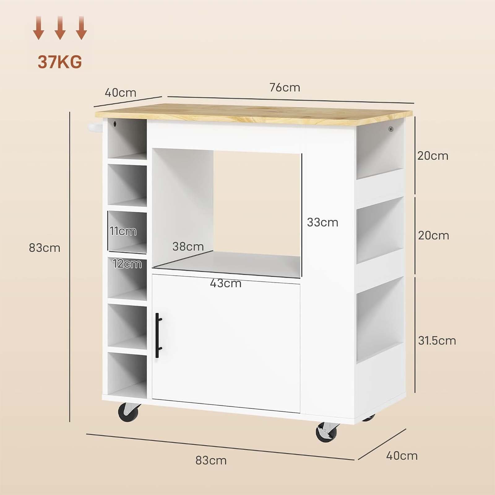 Kitchen Rolling Cart on Wheels with Wine Rack - dimensions