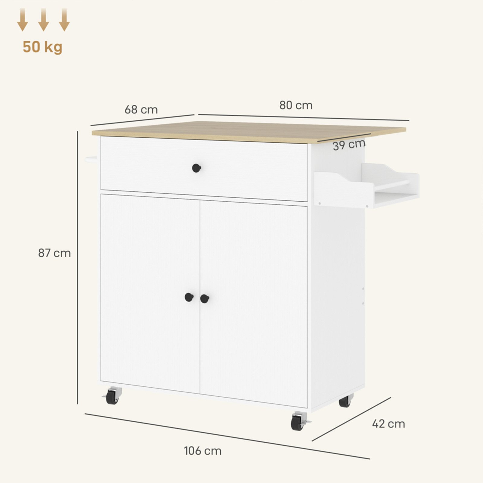 Kitchen Rolling Storage Trolley with Drop Leaf - dimensions