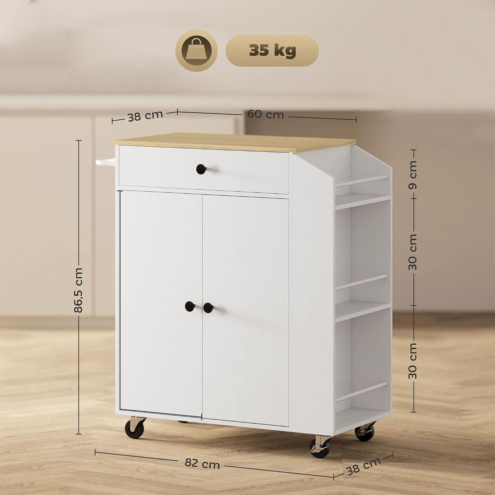 Kitchen Storage Cart with Drawer and Spice Rack - dimensions
