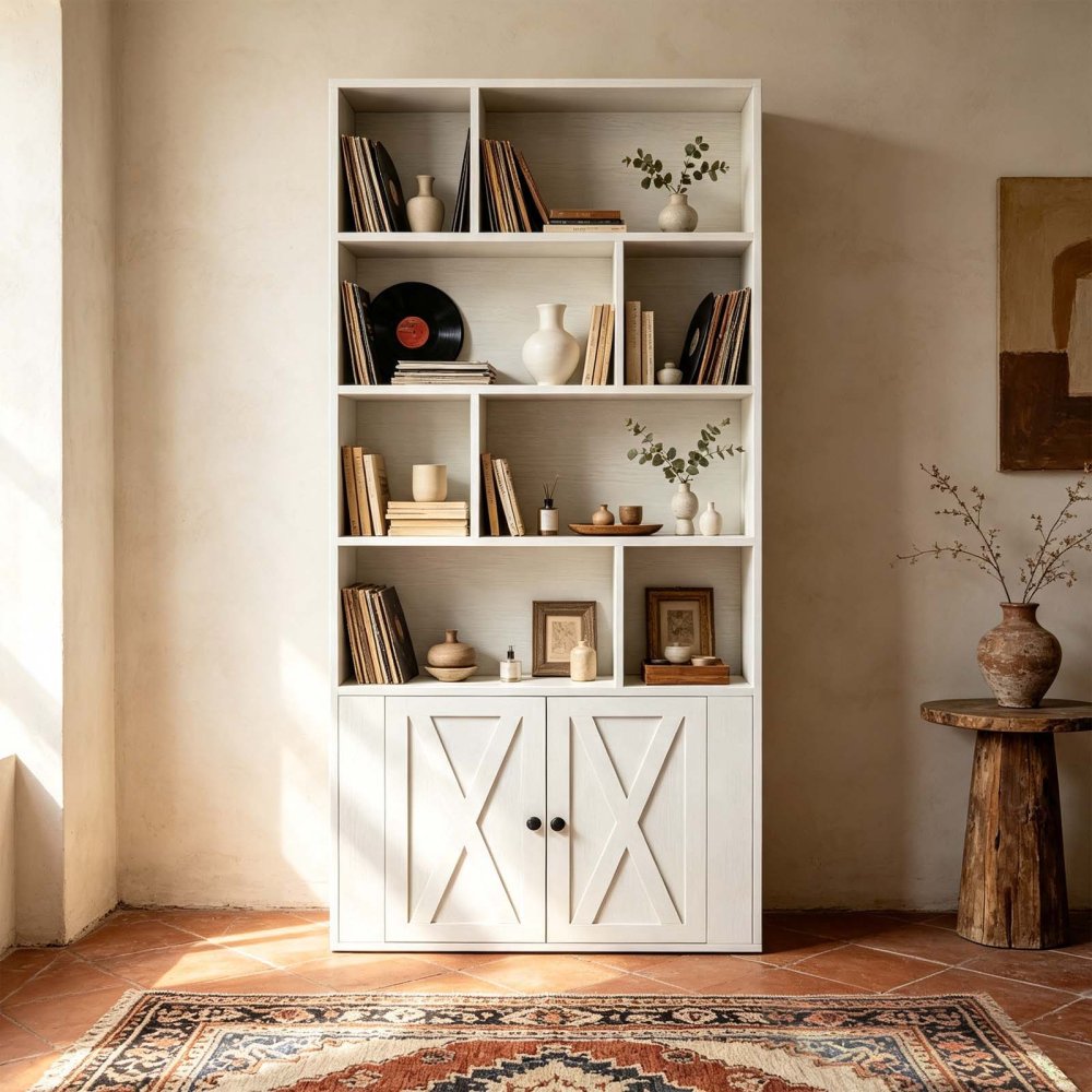 Tall 8 Open Cubes Storage Bookshelf with Doors