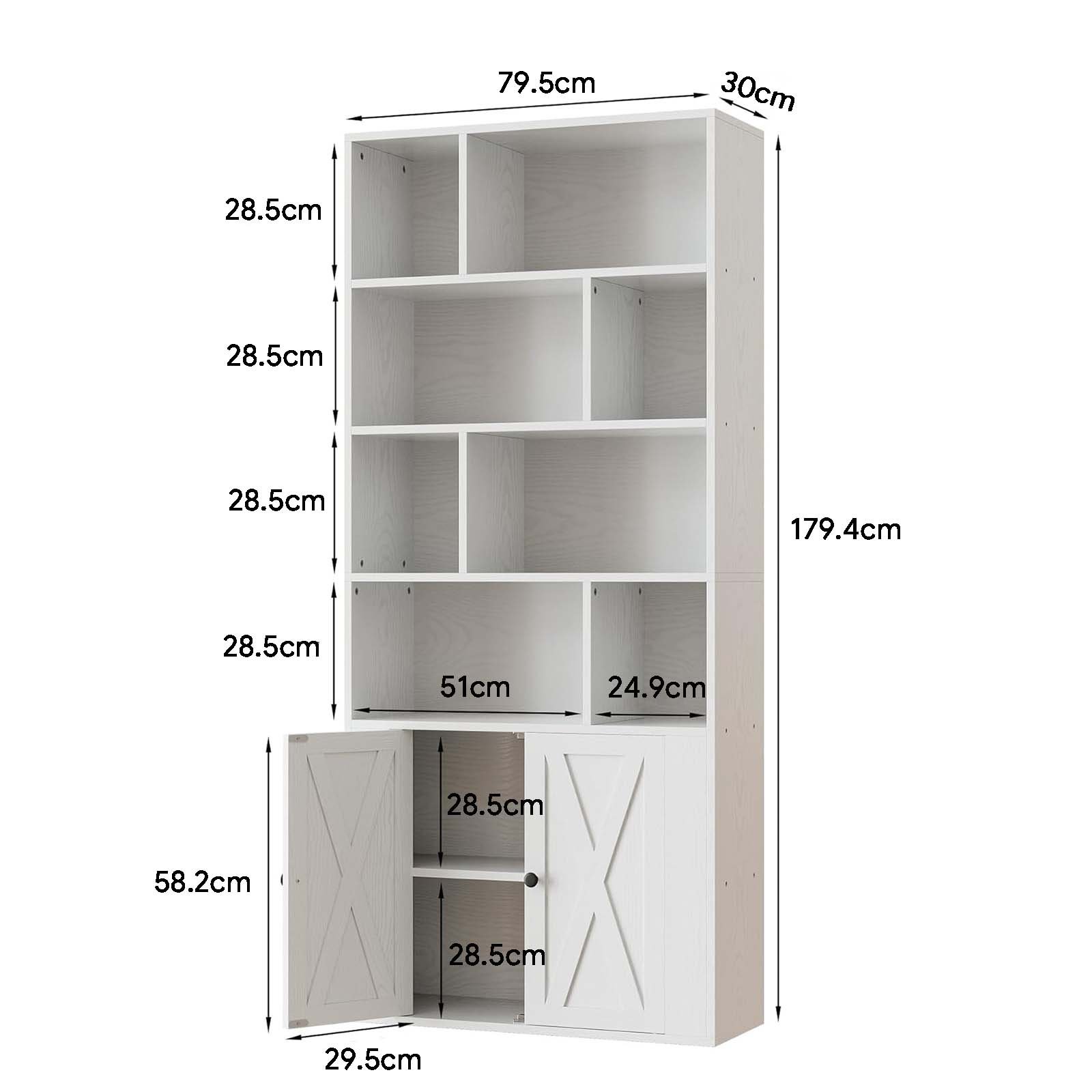 Tall 8 Open Cubes Storage Bookshelf with Doors - dimensions